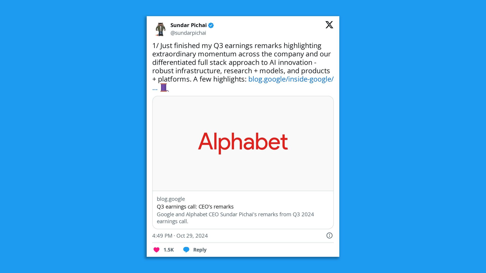 Image of Google CEO Sundar Pichai's tweet about Q3 earnings