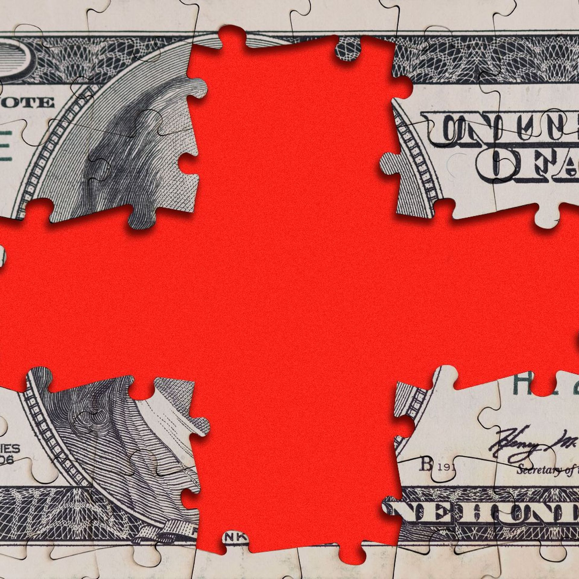 Illustration of a hundred dollar bill puzzle with pieces missing out of the center in the shape of a red cross