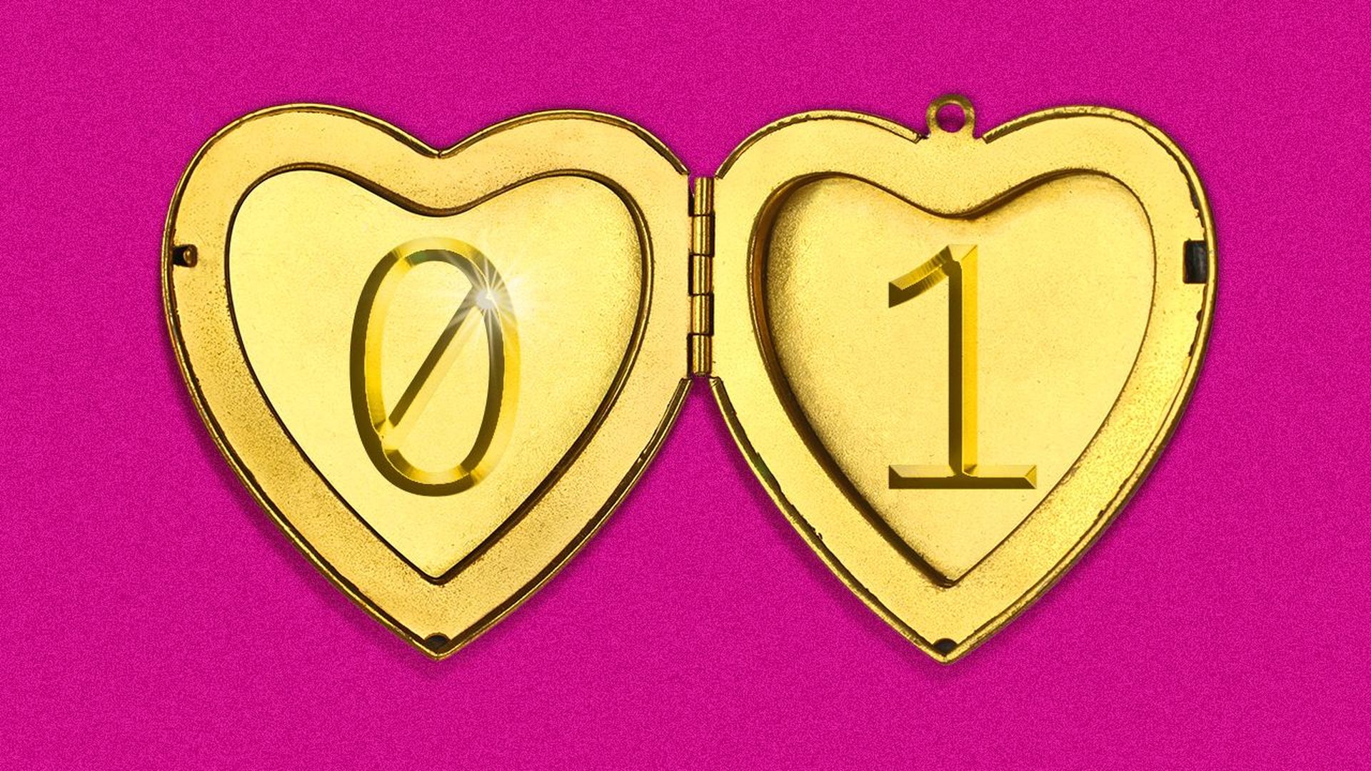 Illustration of a gold locket with a zero on one side and a one on the other