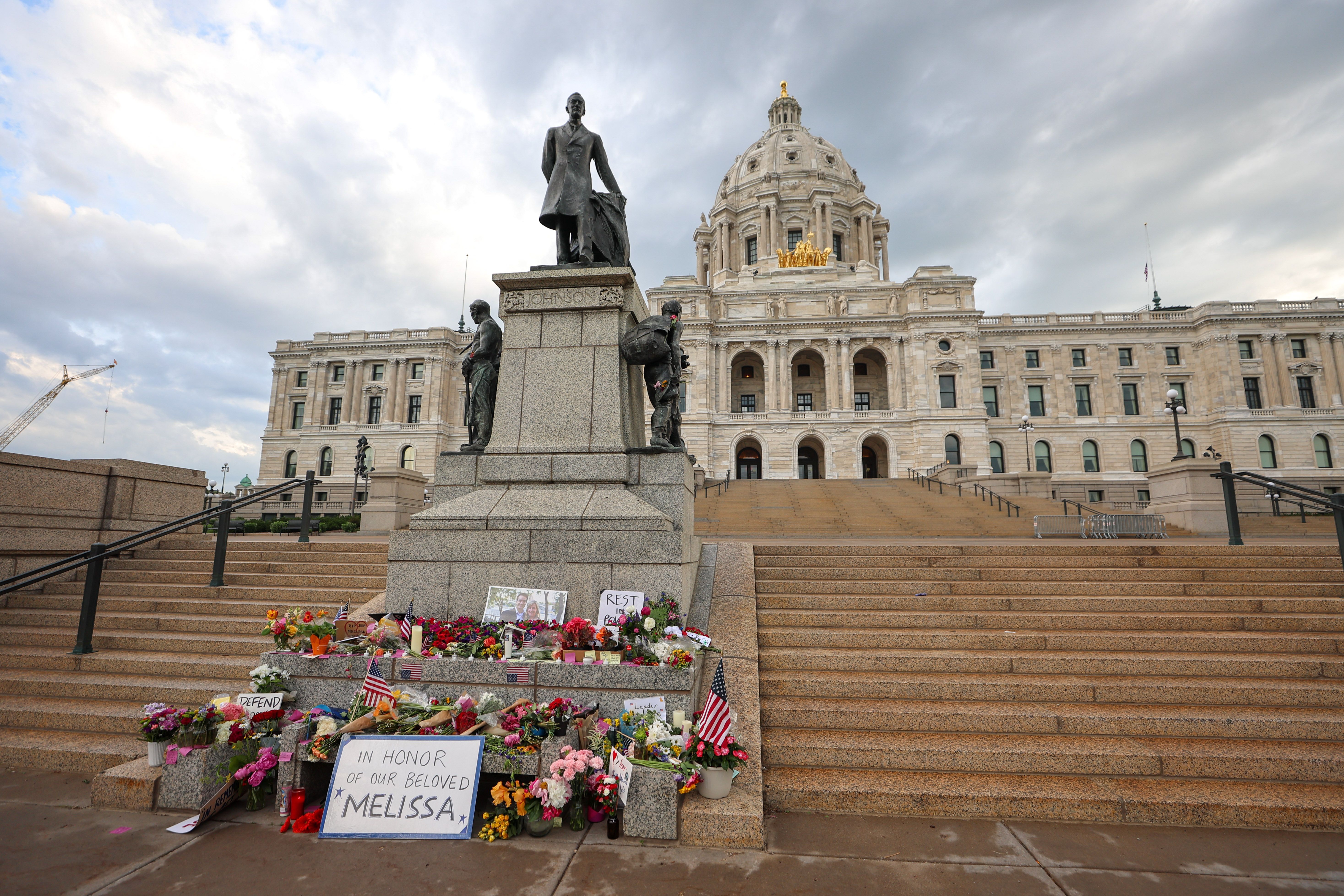 A makeshift memorial for DFL State Rep. Melissa Hortman and her husband Mark Hortman is seen at the Minnesota State Capitol building on June 16, 2025 in St. Paul, Minnesota. Law enforcement agencies captured a suspect in the killing of DFL State Rep. Melissa Hortman and her husband, Mark Hortman, wh