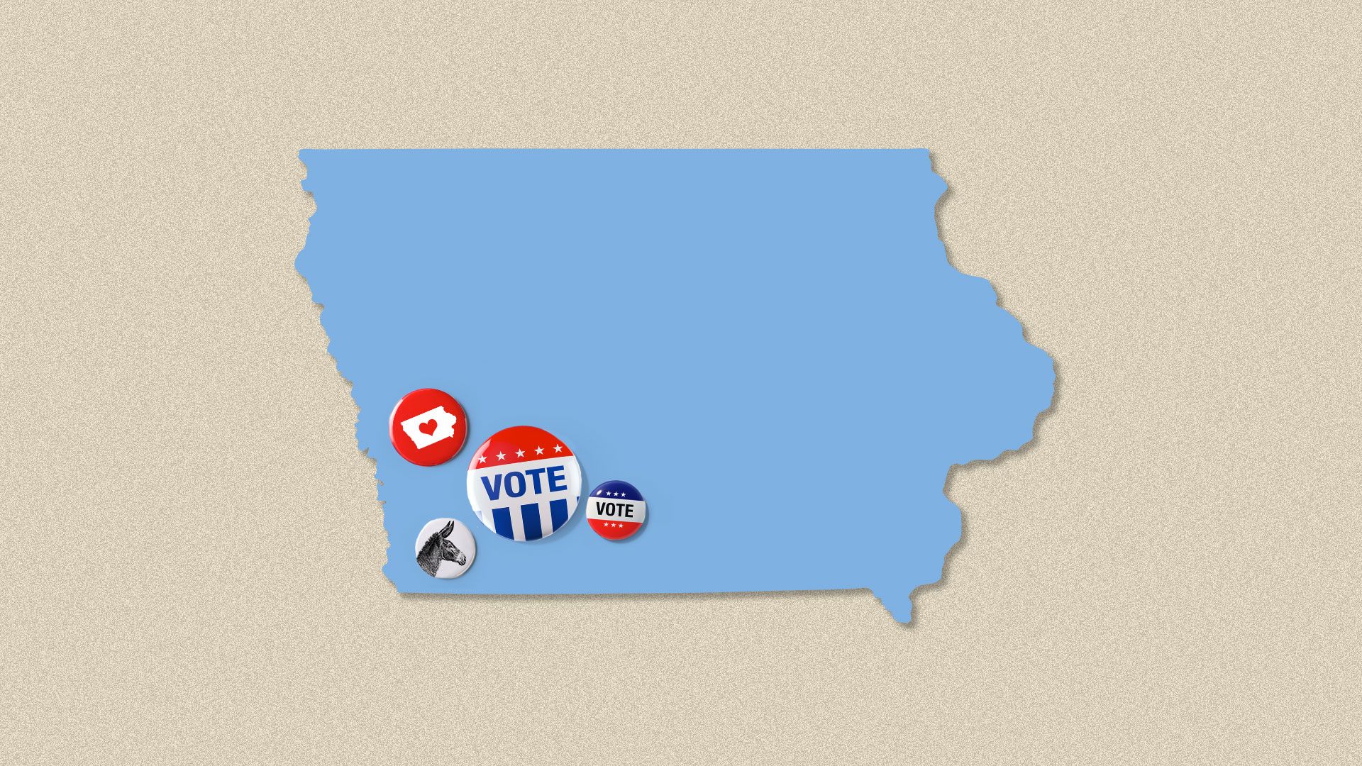 Illustration of the state of Iowa wearing various voting buttons.