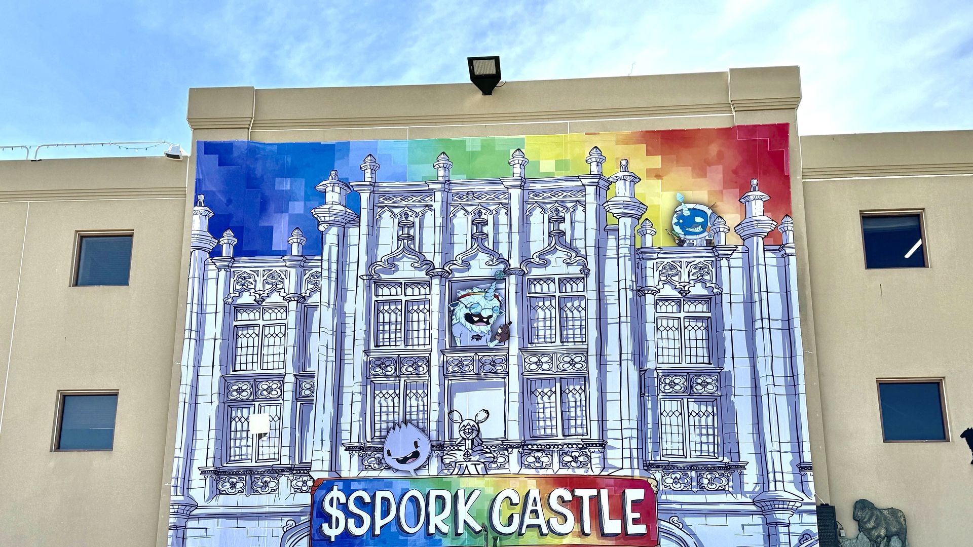 An image of a building done up for a crypto conference. 