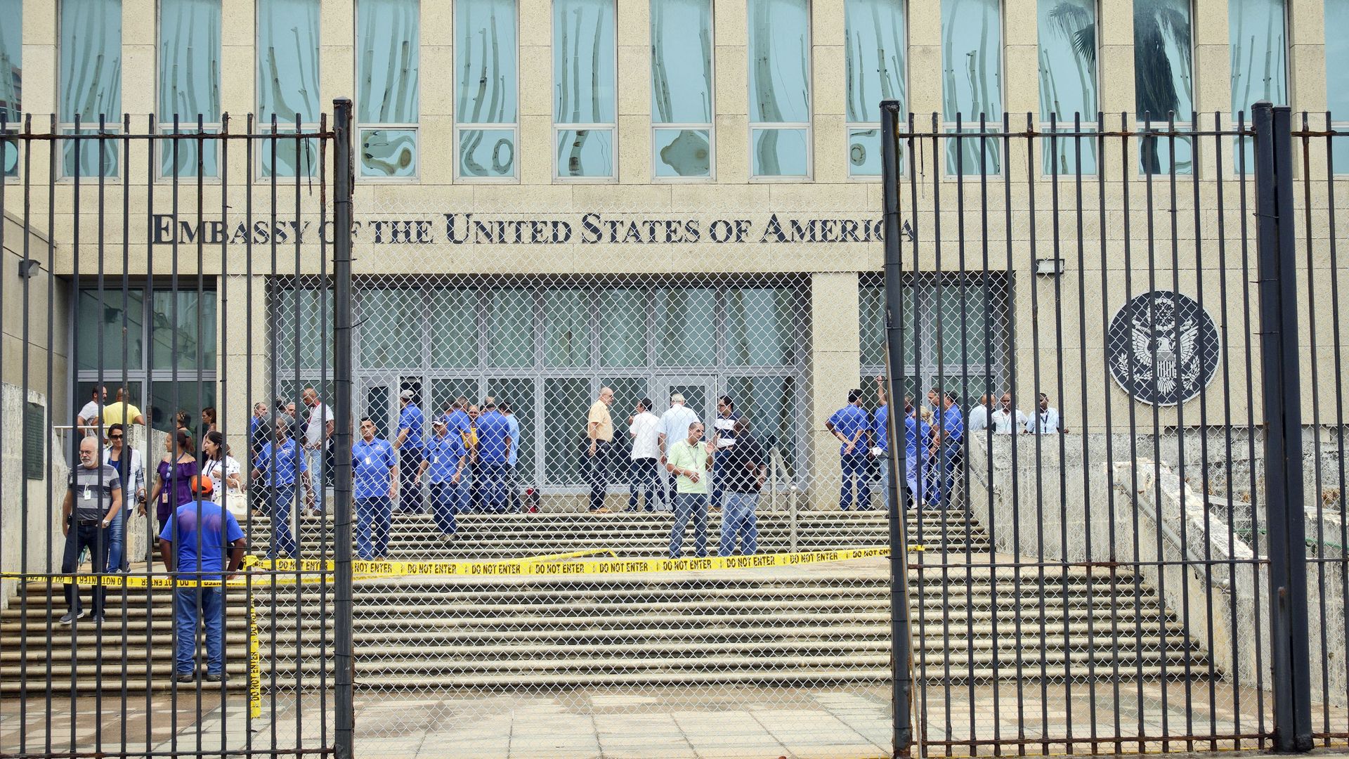 Personnel gather at the U.S. Embassy in Cuba on September 29, 2017 in Havana, Cuba. 