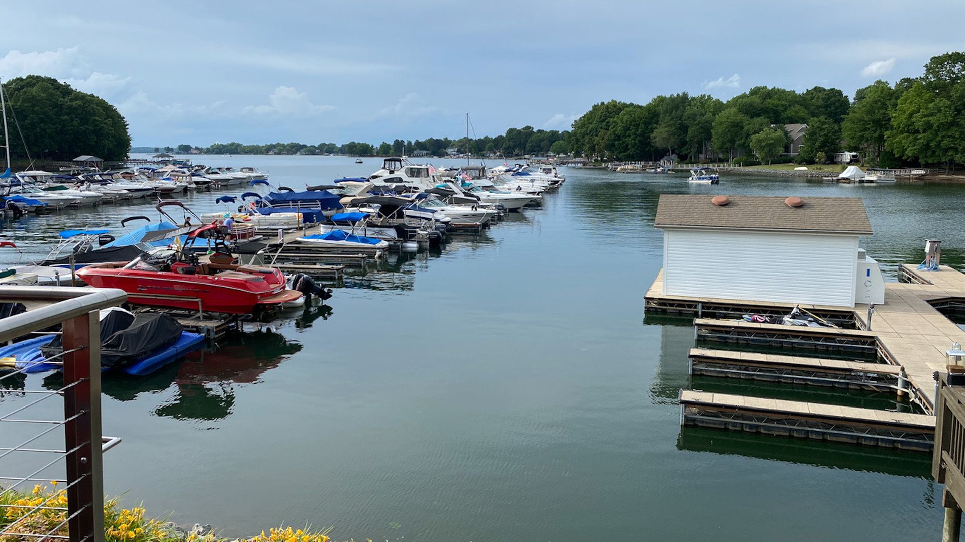 a marina on Lake Norman with boats in most of the slips