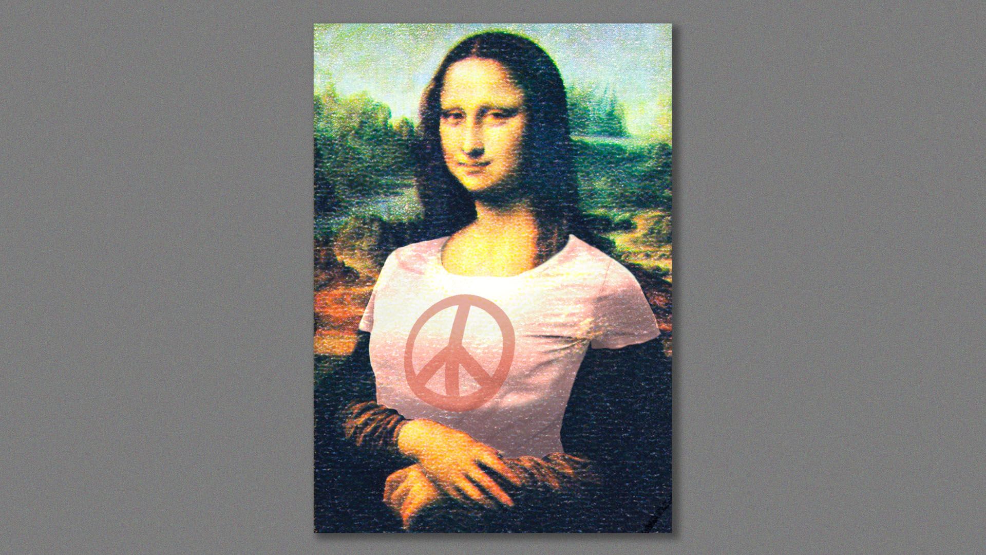 Illustration of the Mona Lisa wearing a t-shirt with a peace sign