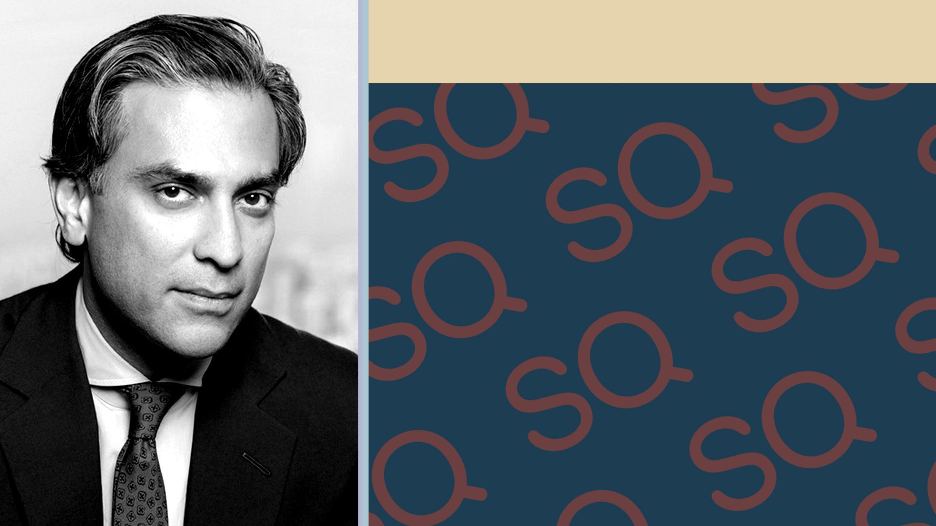Photo illustration of Mustafa Siddiqui next to colorful squares and a pattern of SQ Capital logos.