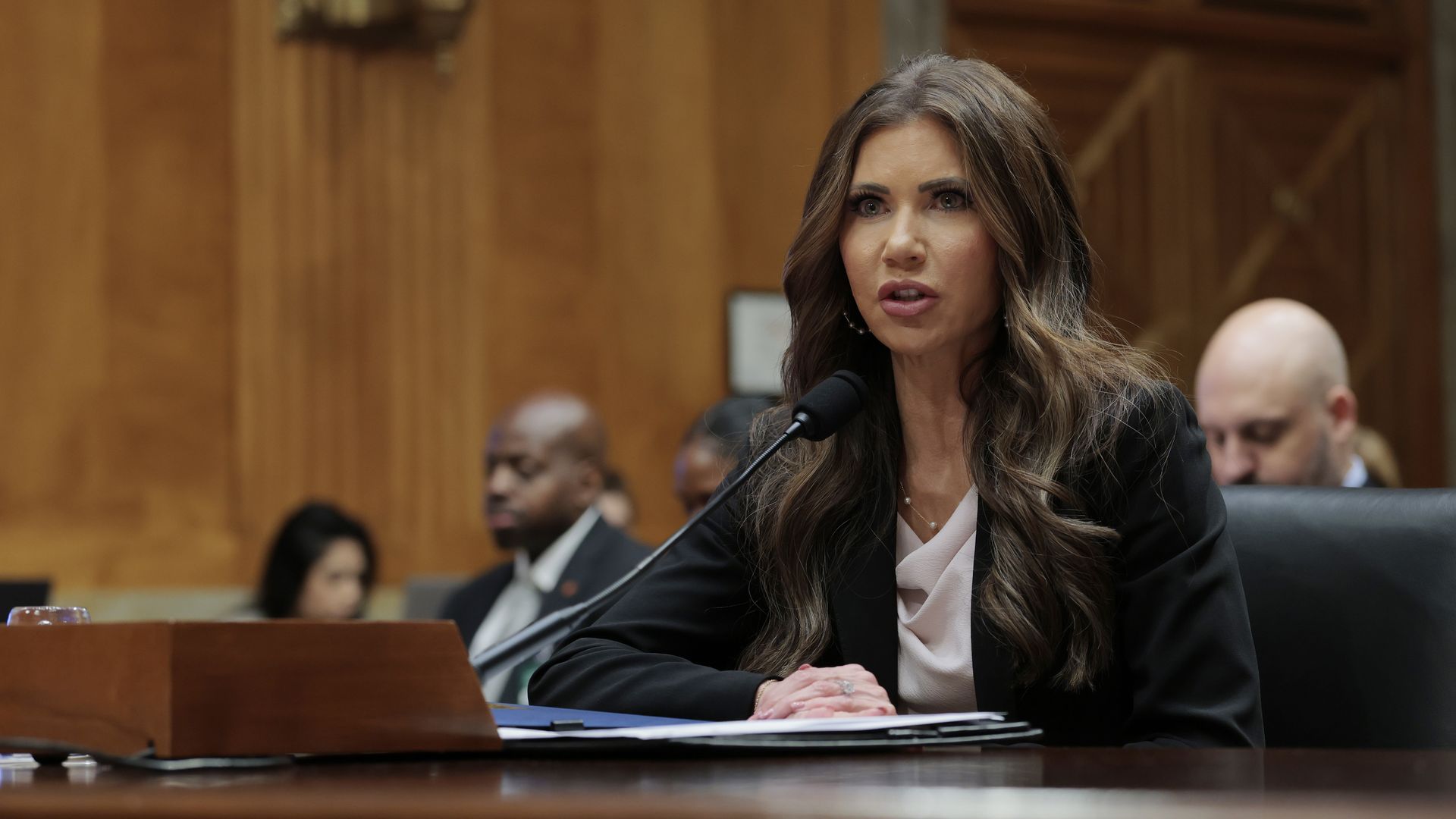  Homeland Security Secretary Kristi Noem speaks during a hearing with the Senate Committee on Homeland Security and Governmental Affairs on Capitol Hill on May 20, 2025 in Washington, DC. 