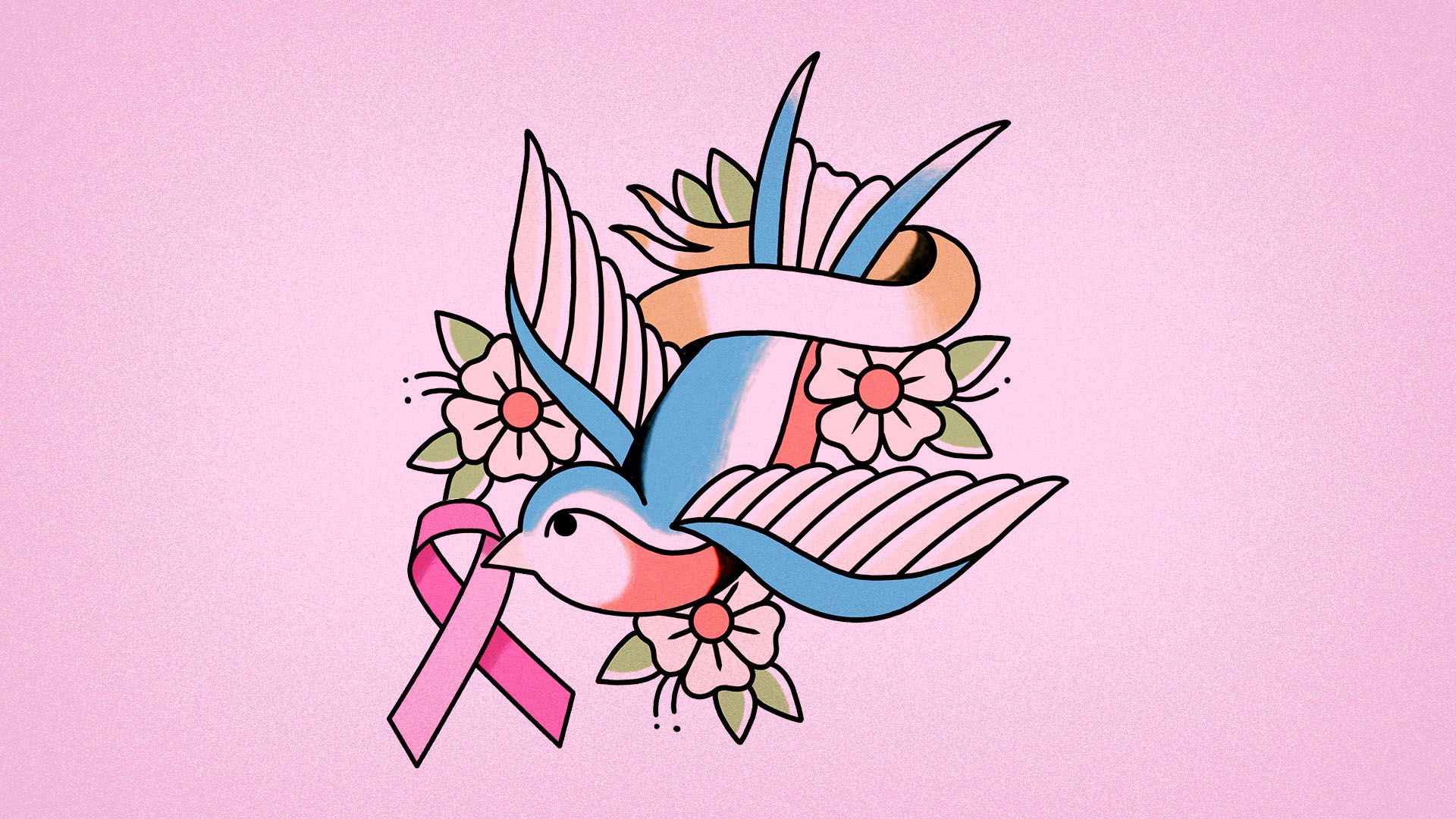 Illustration of a swallow holding a breast cancer awareness ribbon, in the style of an American traditional tattoo.