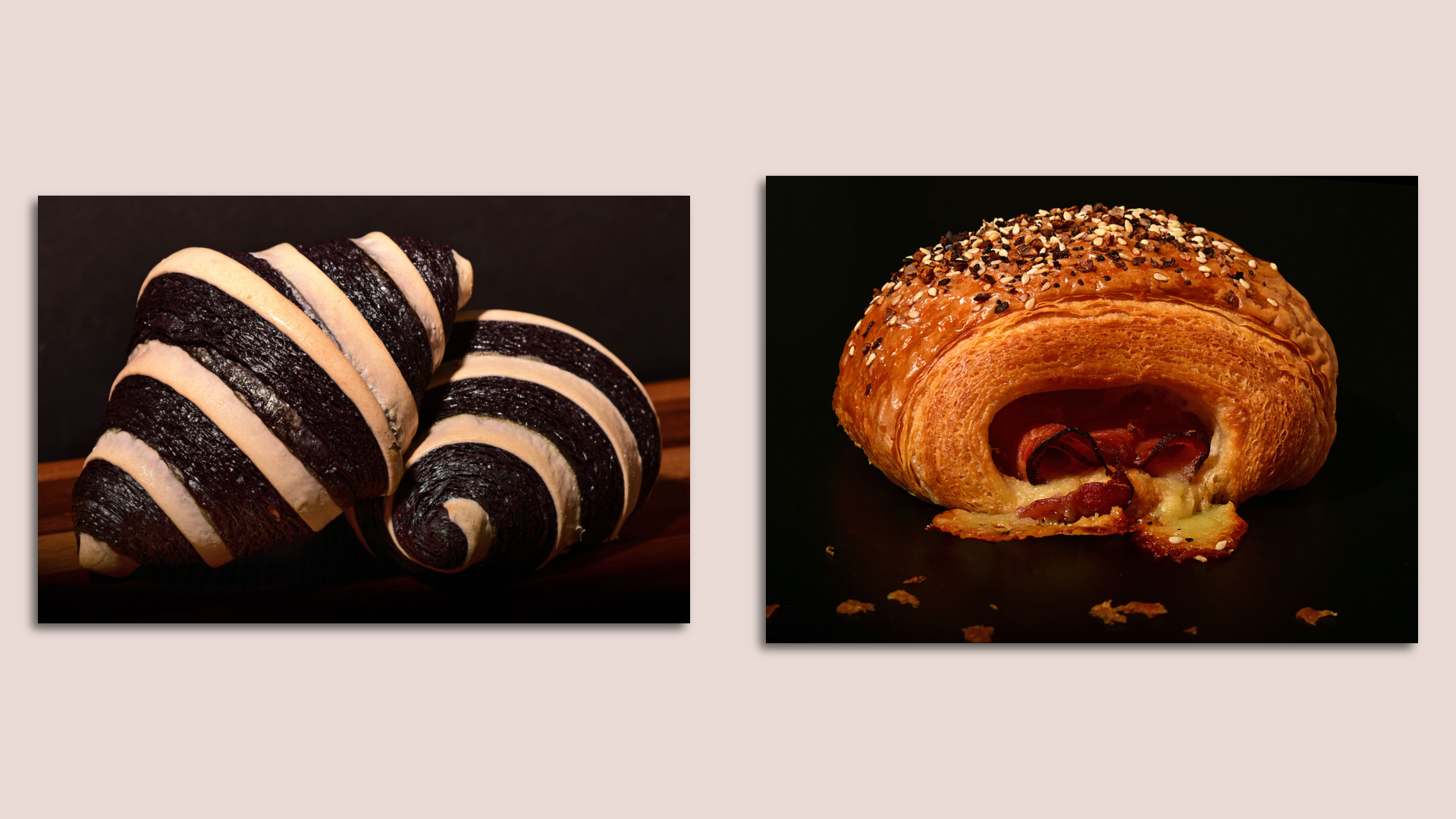A black and white croissant and a ham and cheese one 