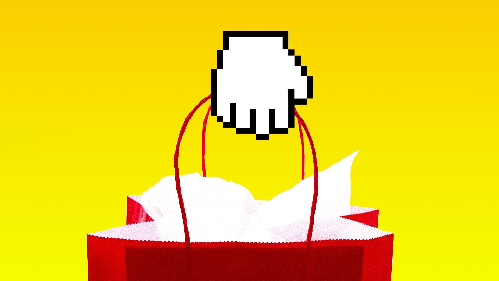 An illustration of a digital hand grabbing a shopping bag