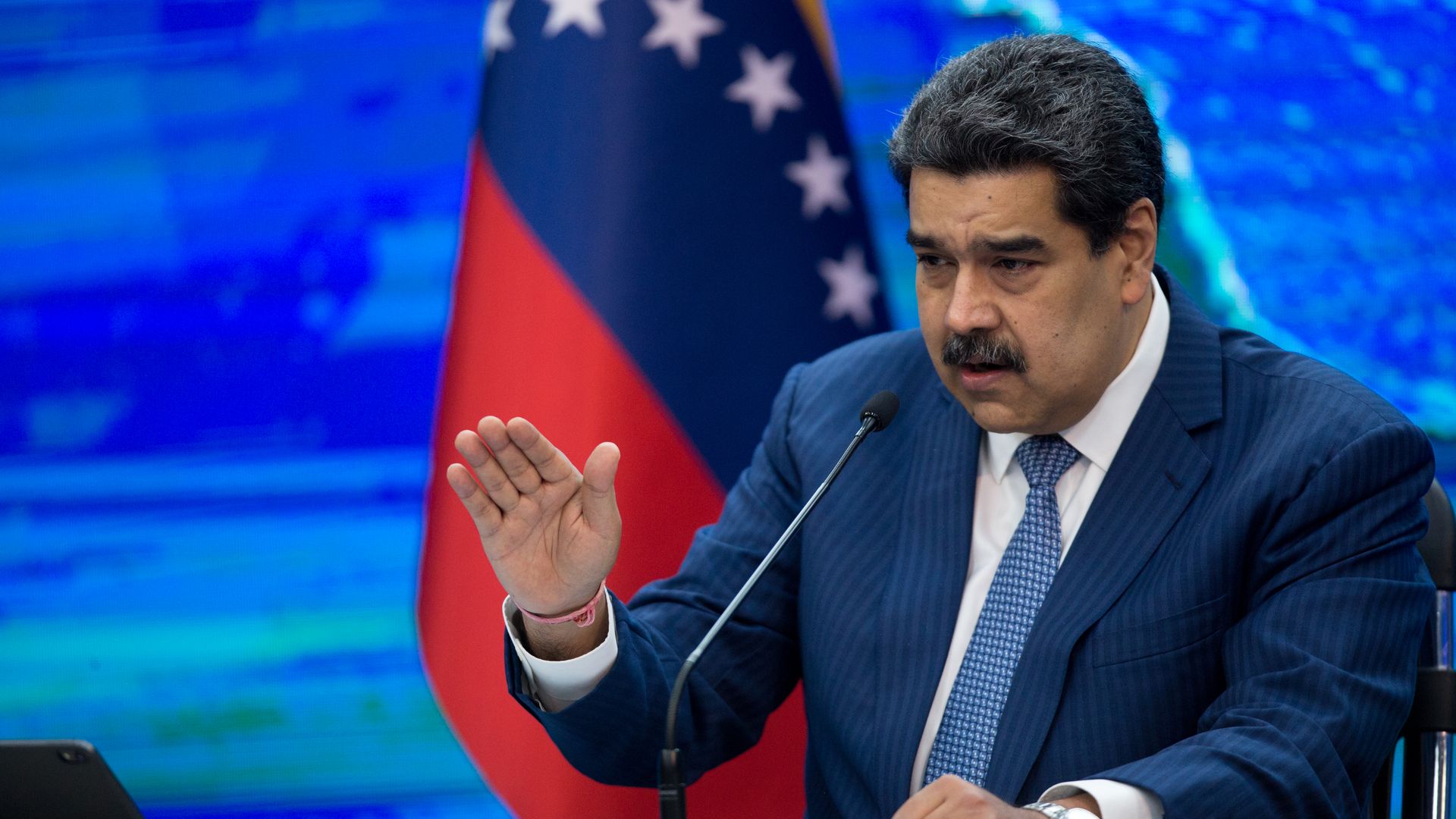 Venezuelan presidentNicolas Maduro speaks during a news conference in Caracas, Venezuela, on Monday, Aug. 16, 2021.