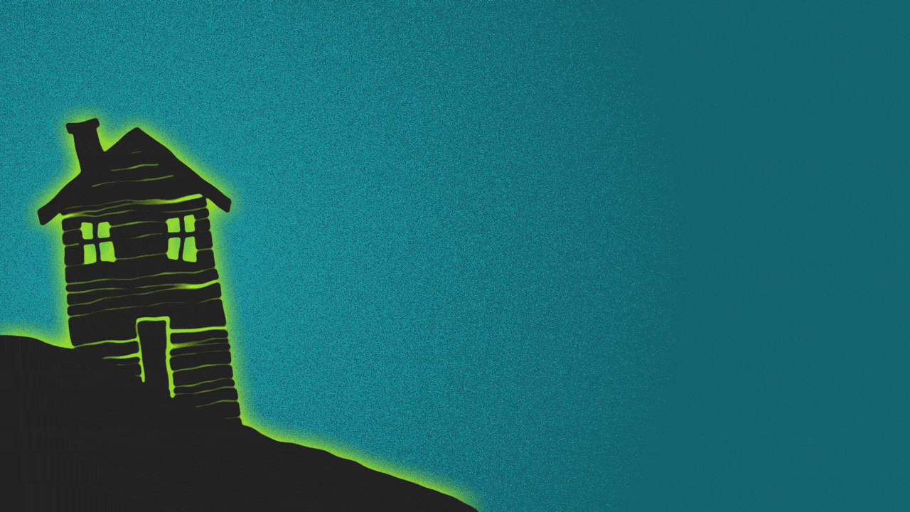 Animated illustration of a haunted house with three ghosts coming out of it.