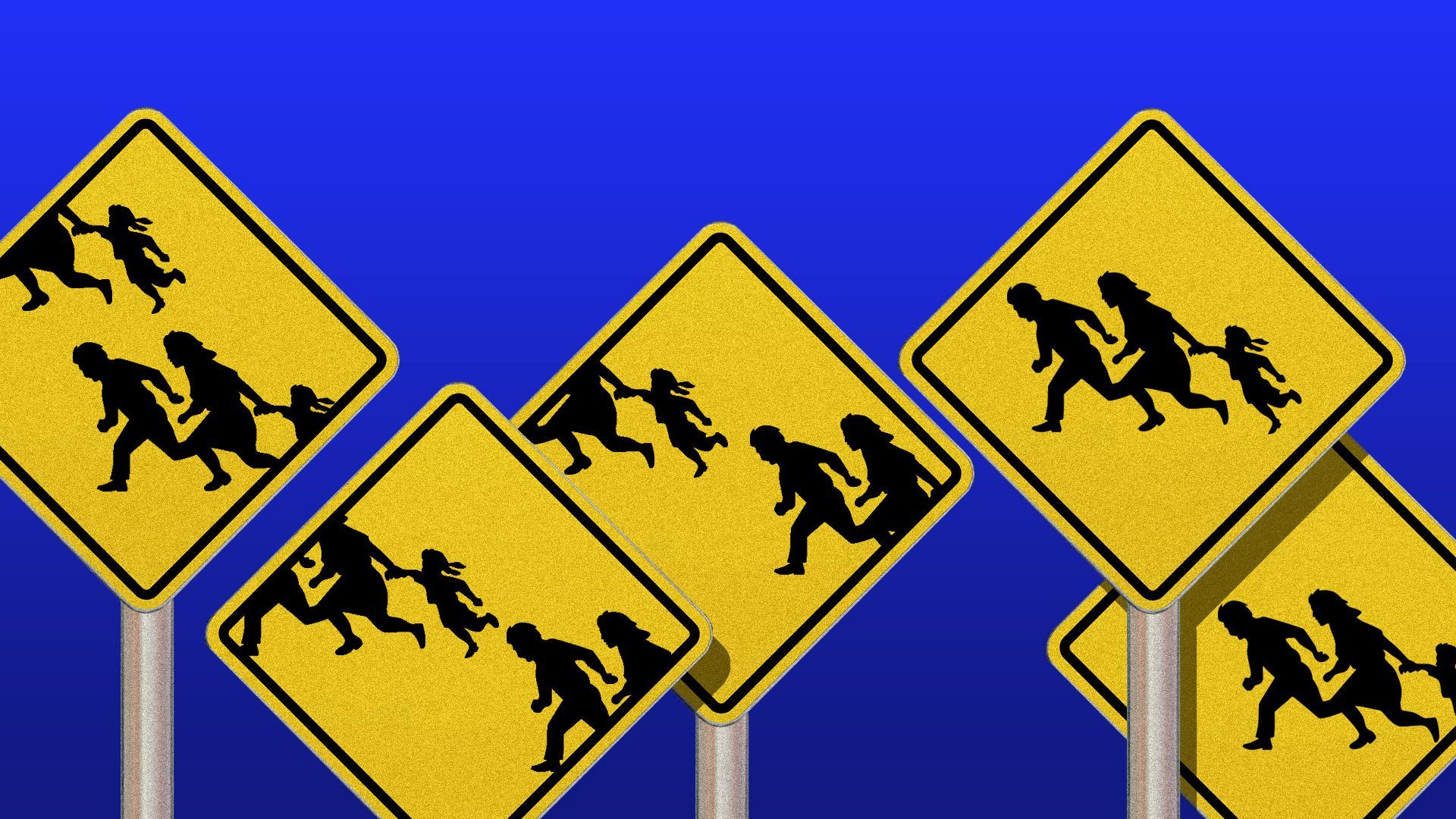 Illustration of yield signs showing running kids 