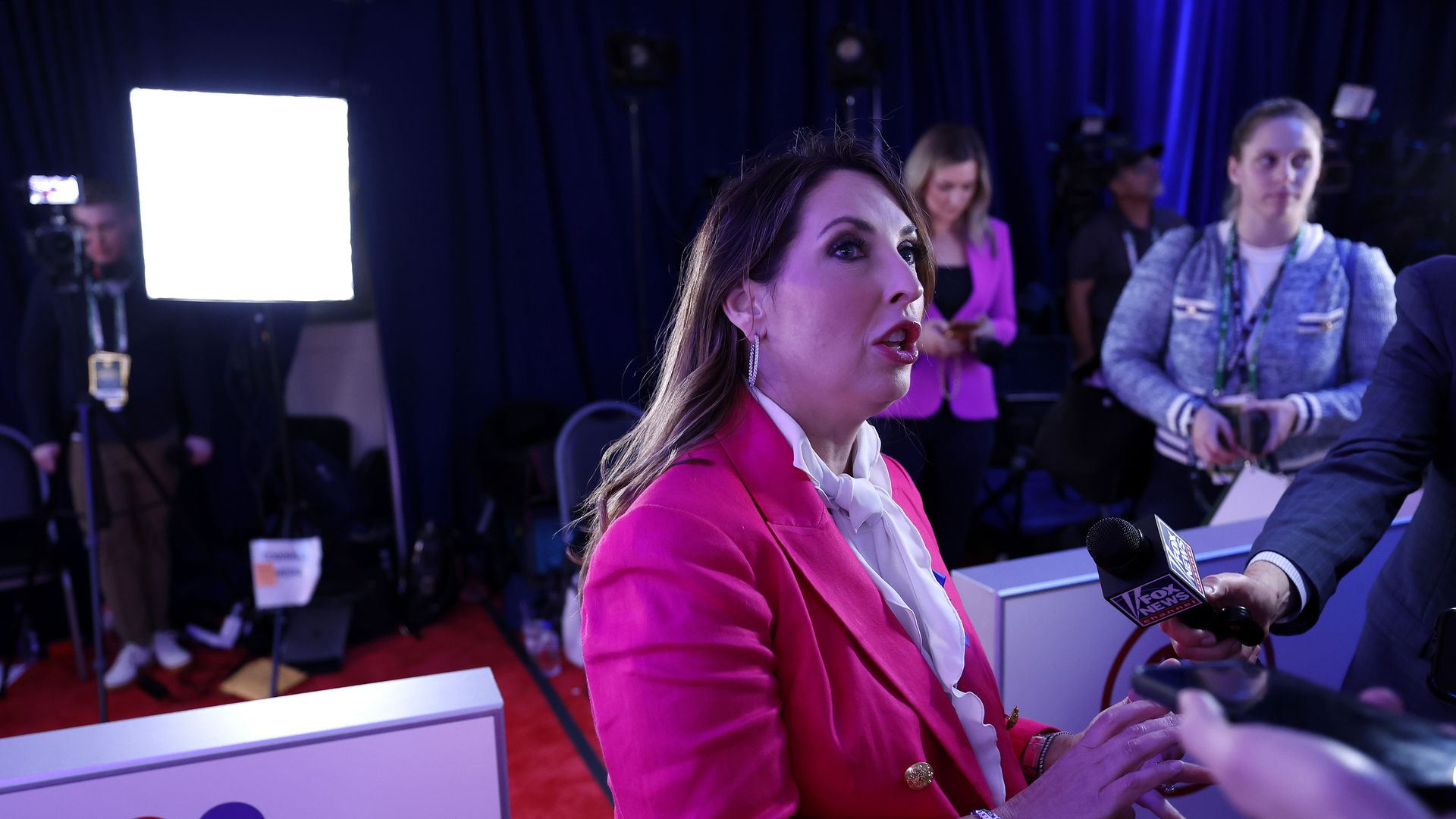 RNC Chairwoman Ronna McDaniel speaks to members of the media in the spin room following the NBC News Republican Presidential Primary Debate at the Adrienne Arsht Center for the Performing Arts of Miami-Dade County on November 8, 2023 in Miami, Florida.
