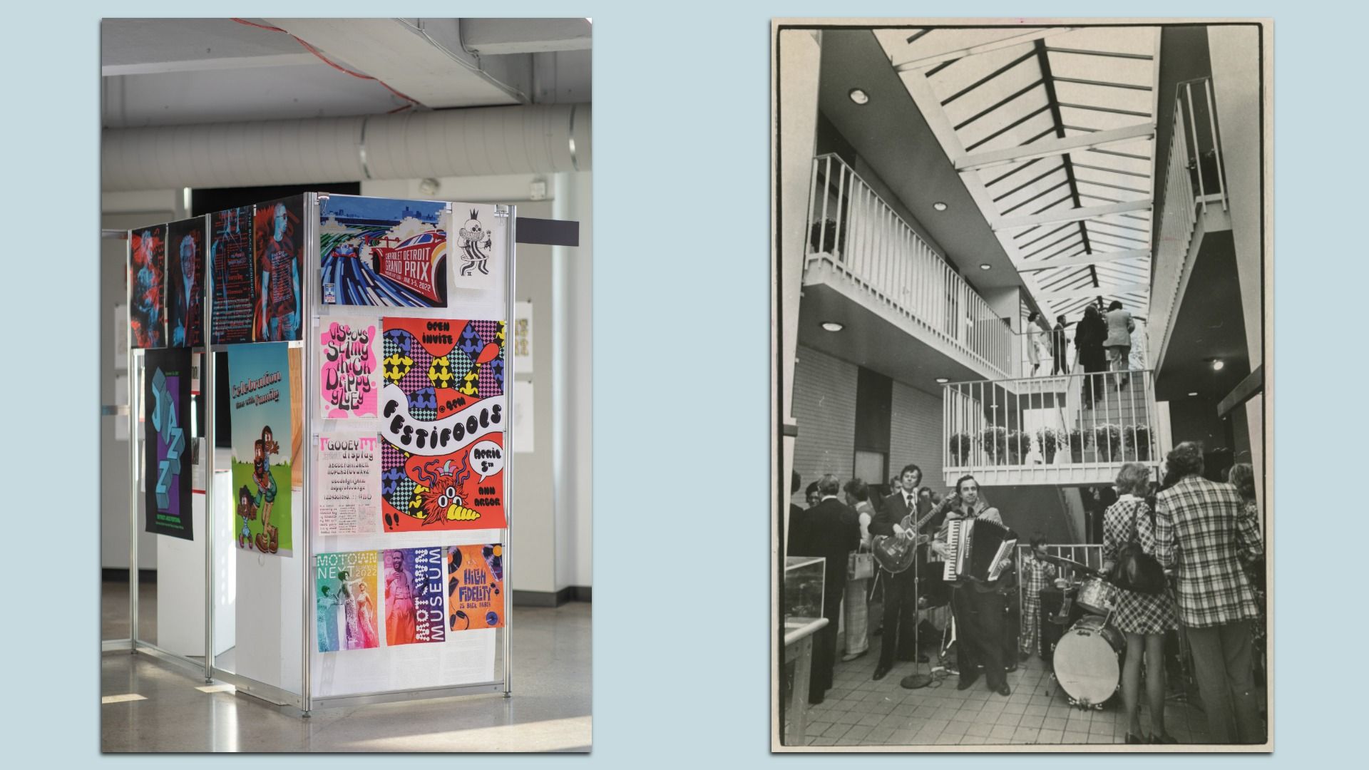 Two photos: One of art from a recent exhibition, and a black and white image of people hanging out at CCS in 1974 during a student exhibition that year.