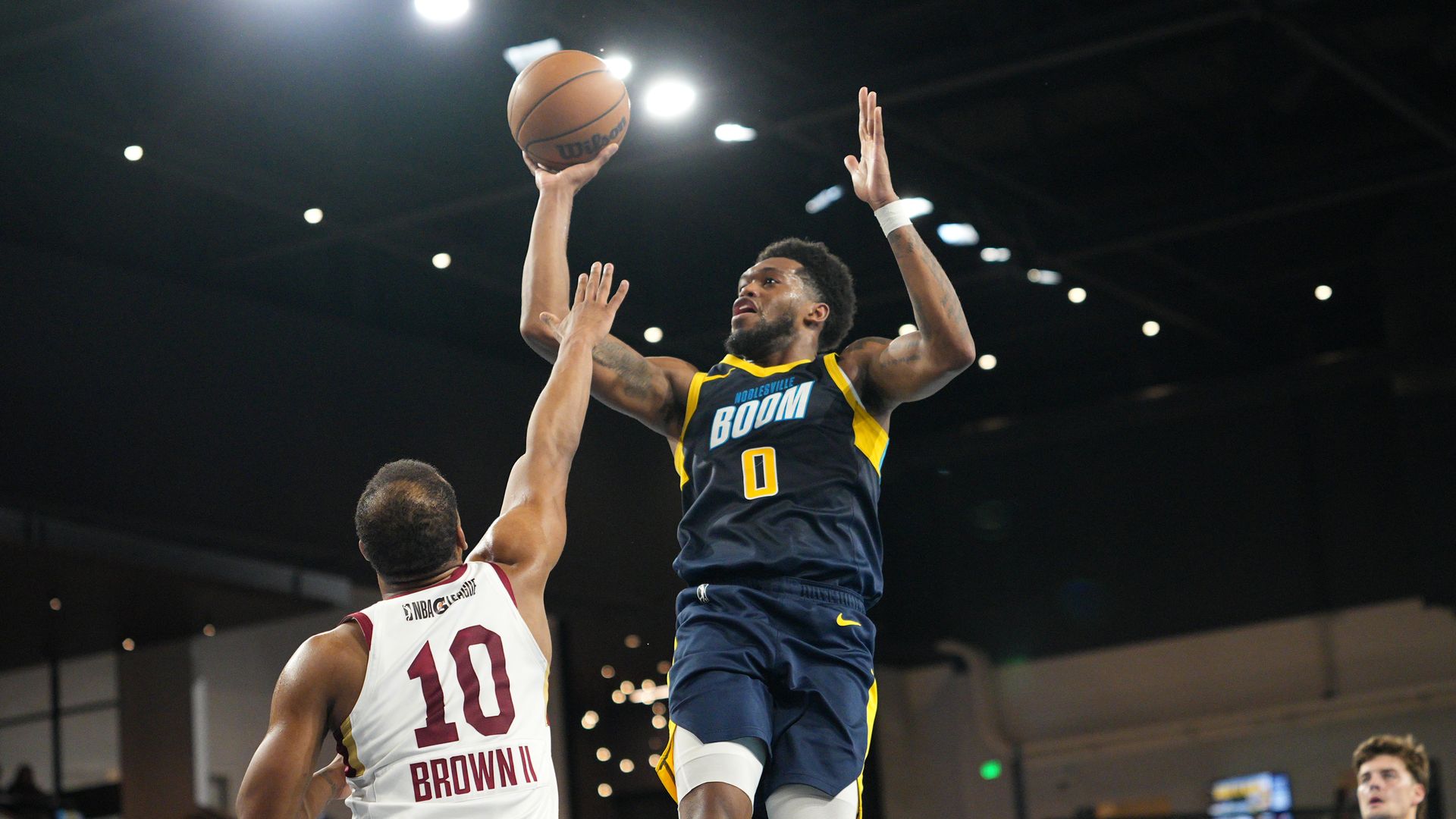Keion Brooks Jr. #0 of the Noblesville Boom shoots the ball during the game against the Cleveland Charge on March 26, 2026 at The Arena at Innovation Mile in Noblesville, Indiana.