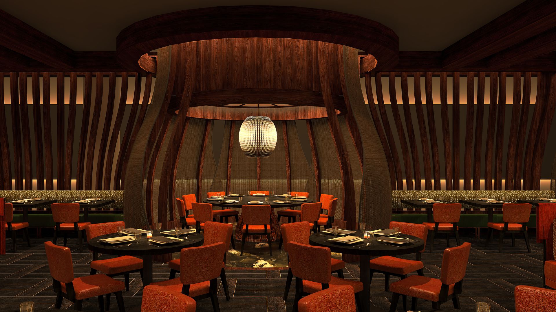 Image shows a rendering of the inside of Nobu in New Orleans