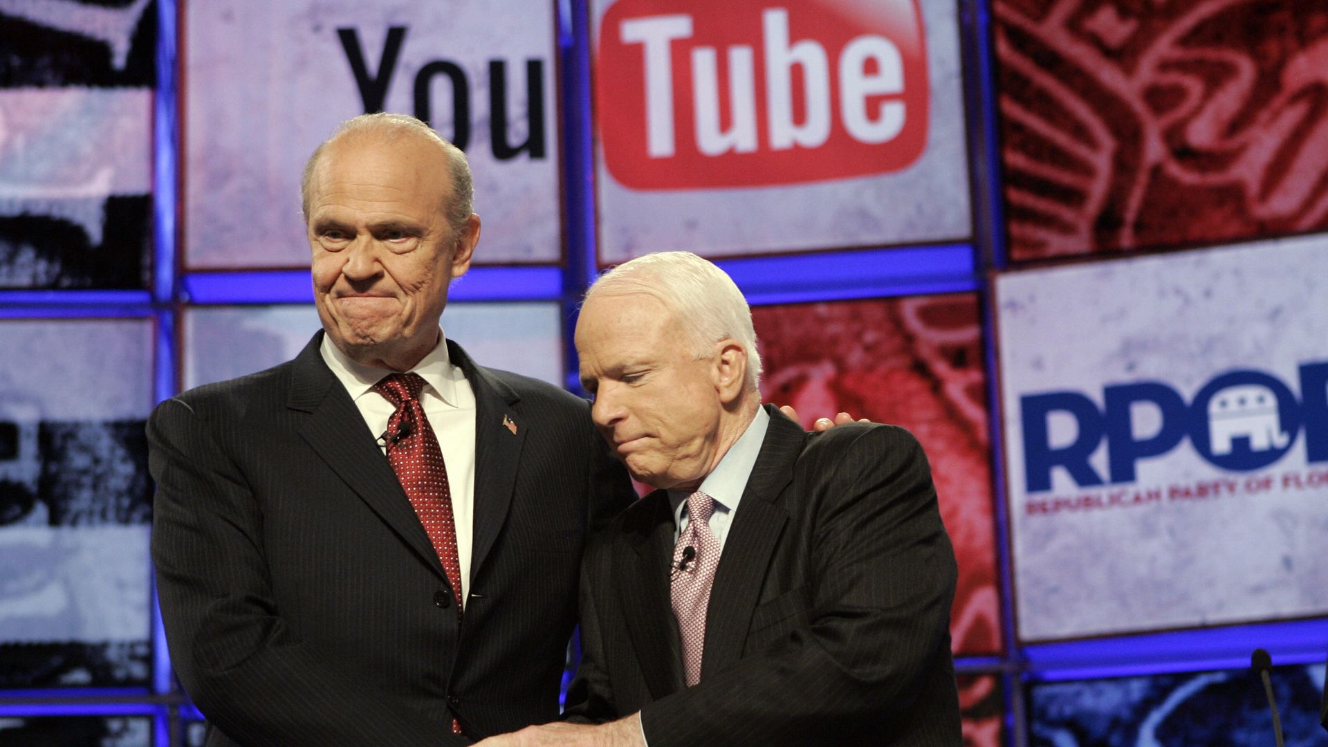 Photo of Sens. John McCain and Fred Thompson at a 2007 Republican presidential debate sponsored by YouTube