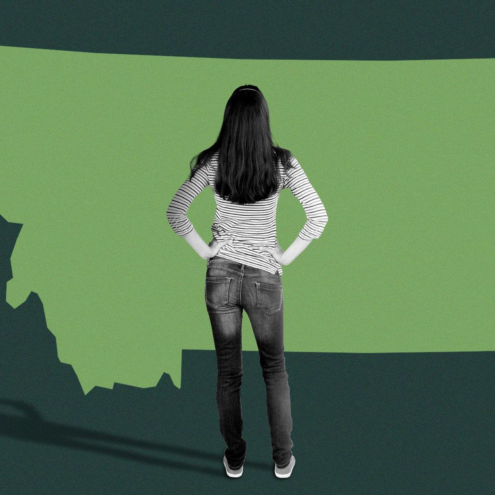 Illustration of a young girl looking at the state of Montana.