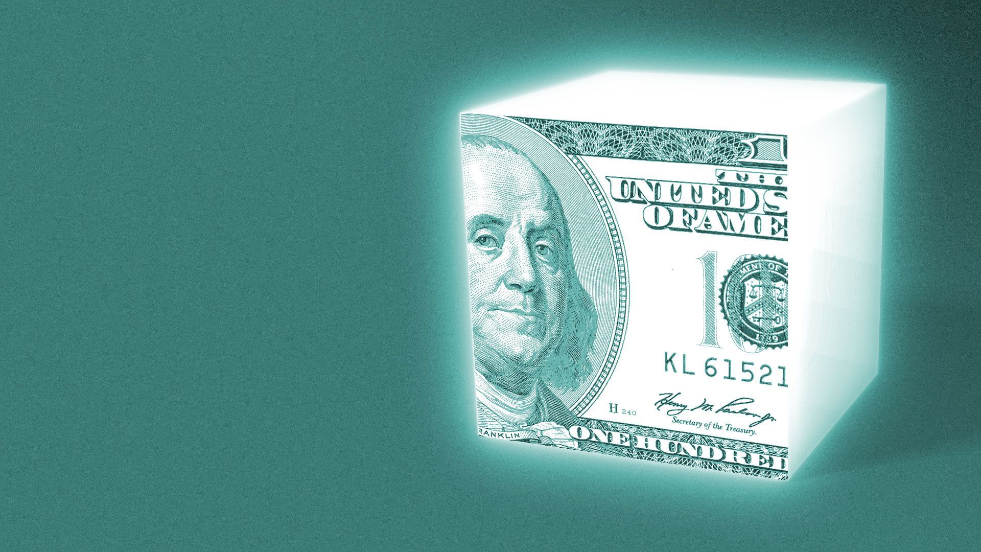 Illustration of a crypto block with an image of a one hundred dollar bill on one side.