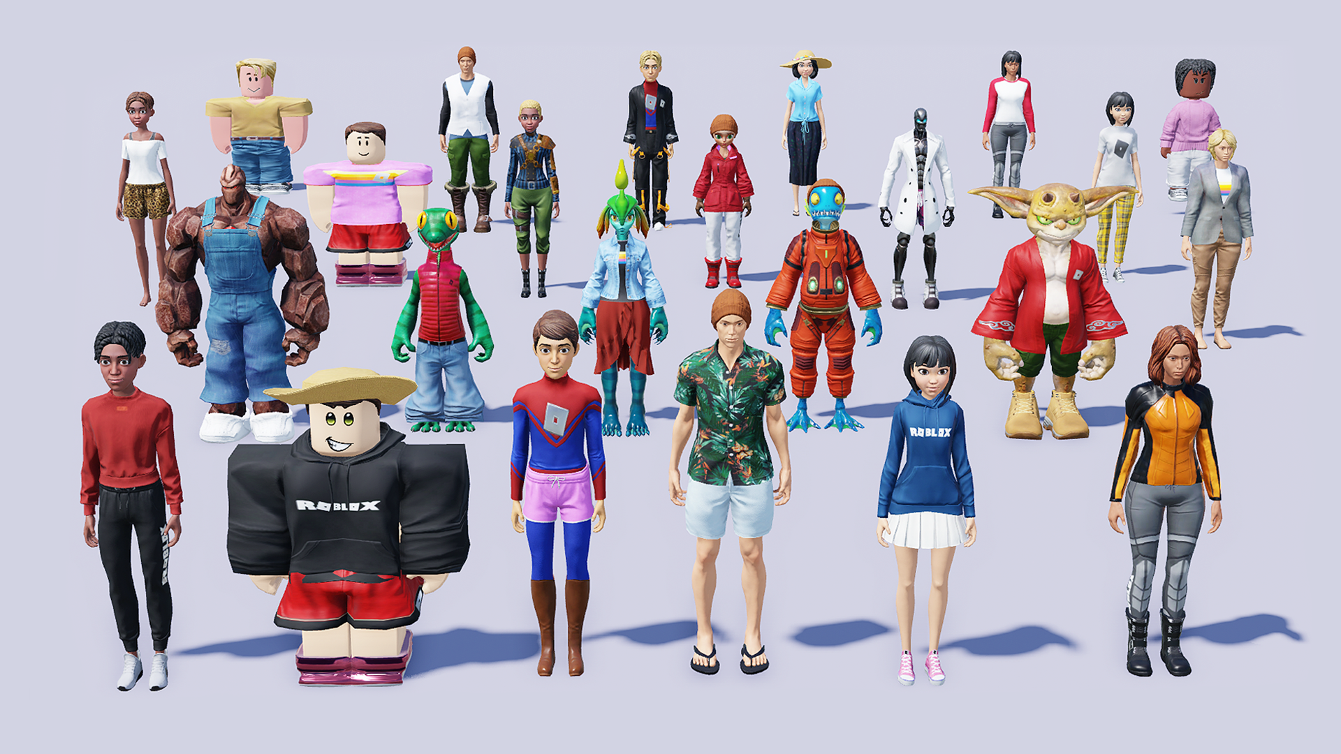Video game avatars of different shapes wearing a colorful array of clothes