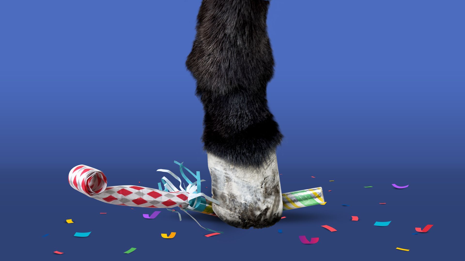 Illustration of a donkey hoof smashing a party horn. 