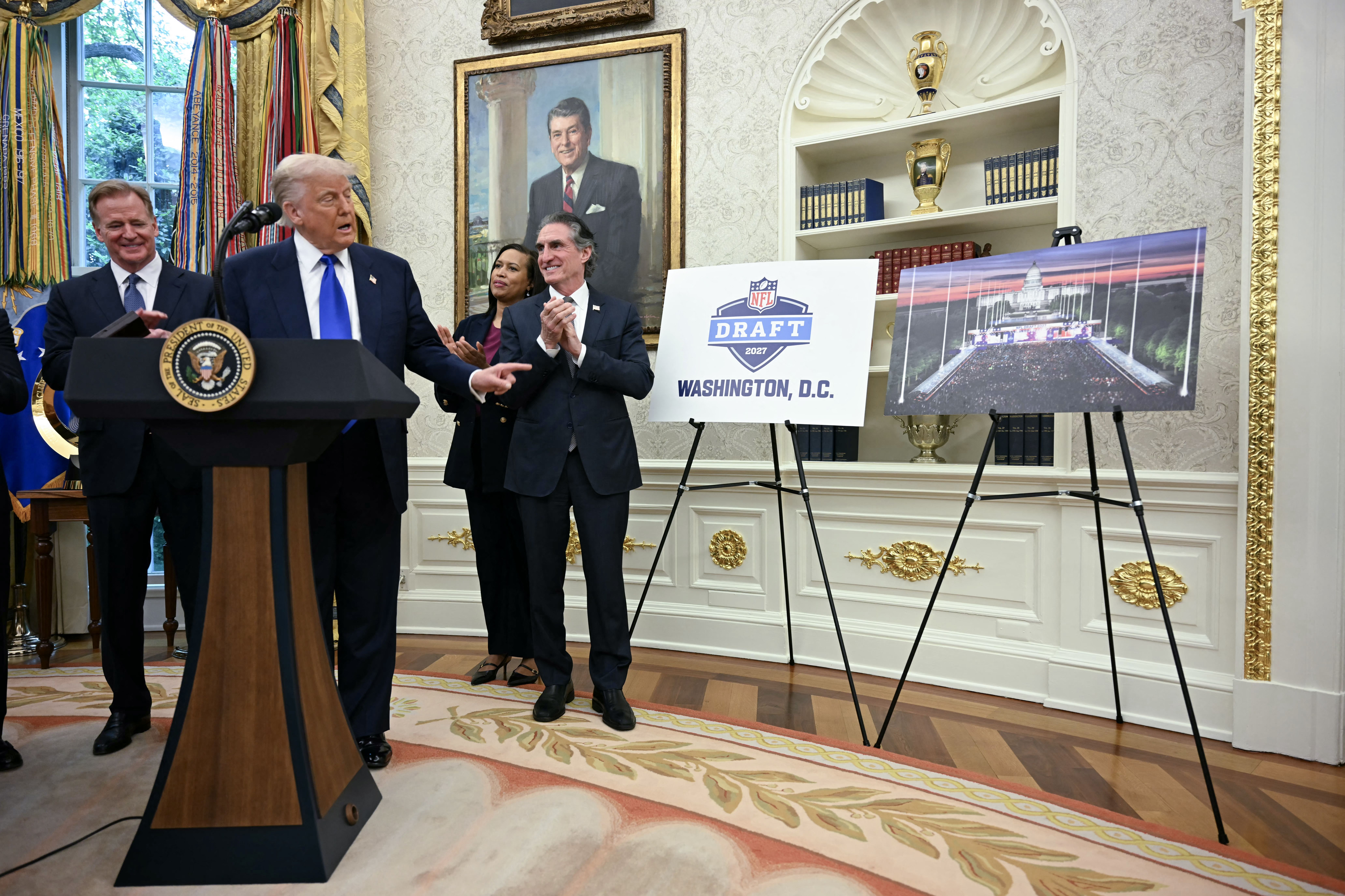 Mayor Muriel Bowser joined President Trump for the NFL Draft announcement Monday.