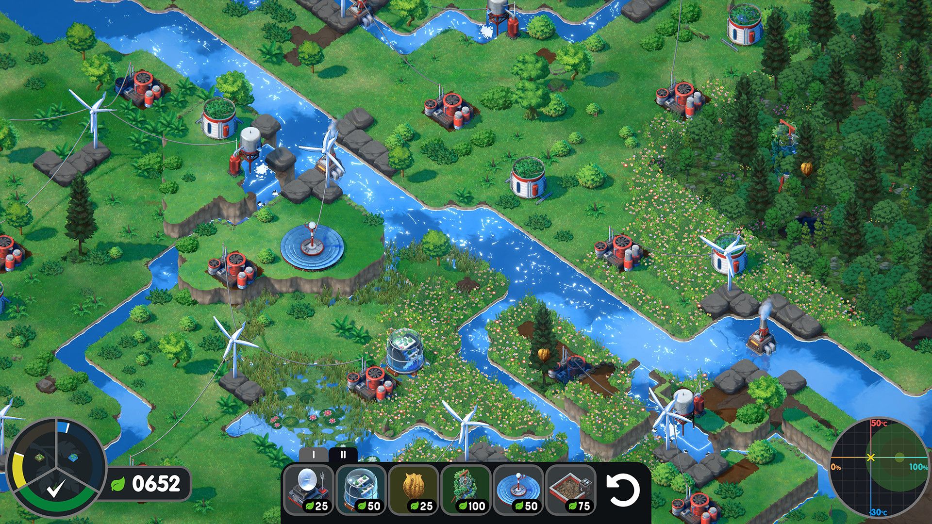 Screenshot of a Sim City style game featuring a landscape of grass and streams