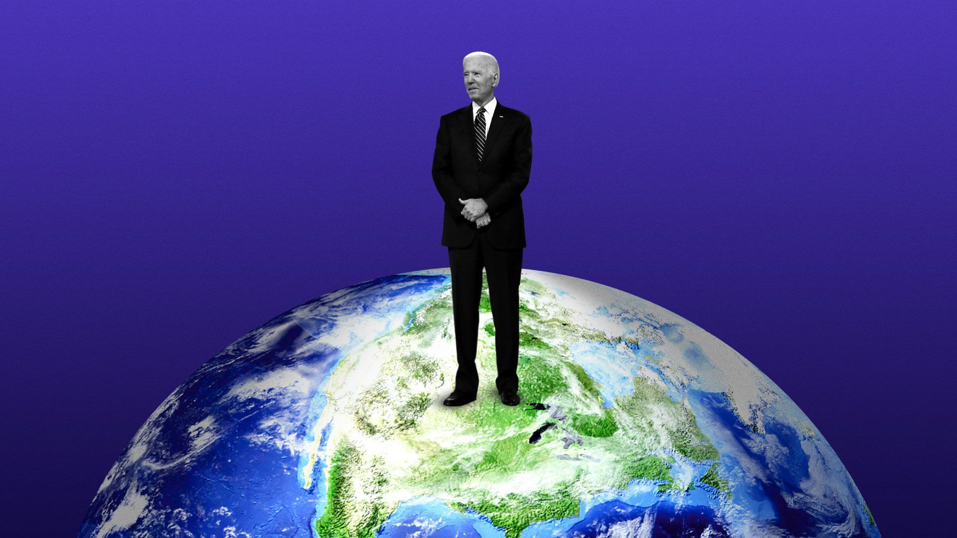 Illustration of Joseph Biden standing on a globe