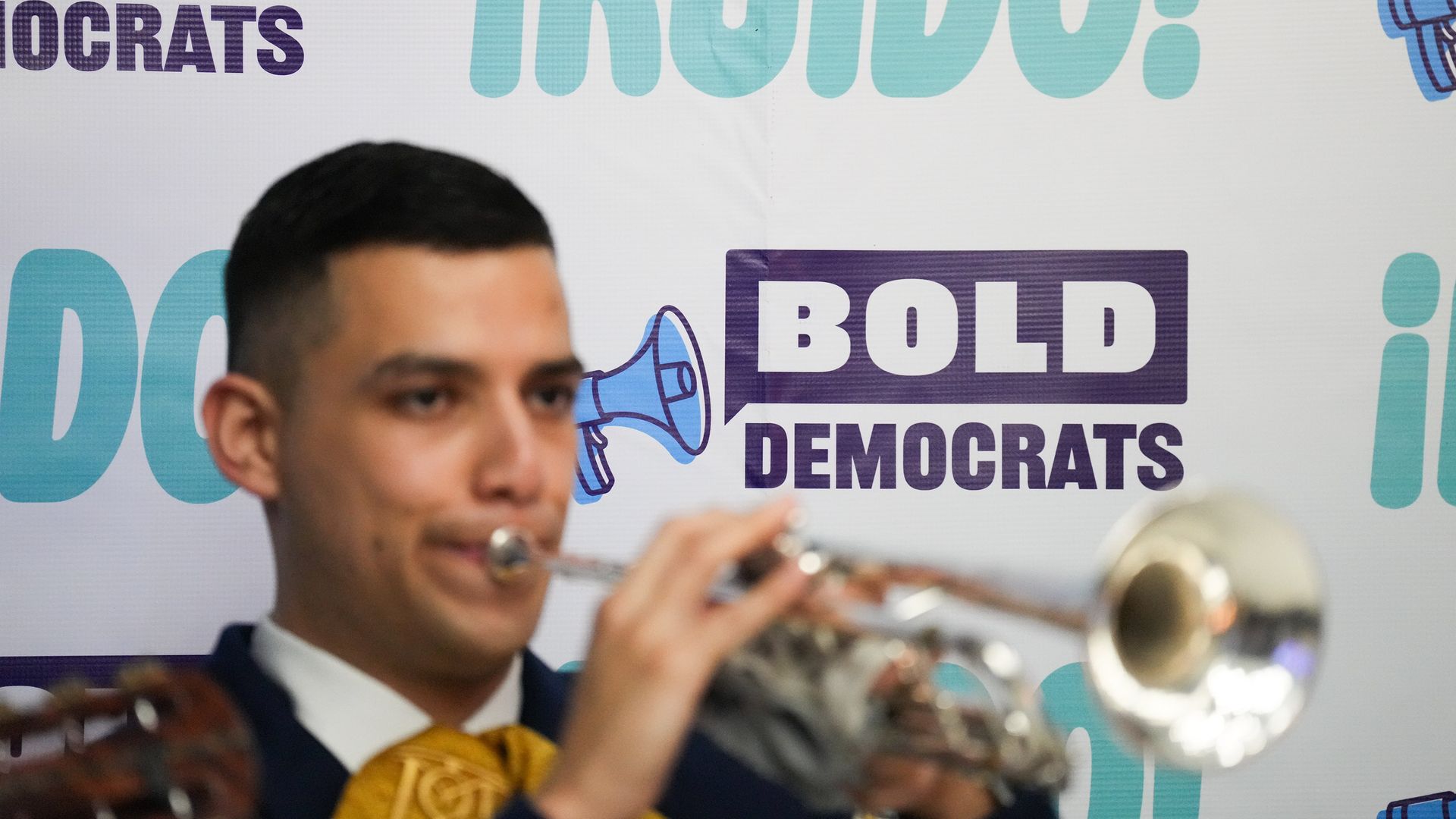 A horn player in a mariachi band performs during an event hosted by BOLD DEMOCRATS, a Hispanic PAC in Houston on Tuesday, Feb. 17, 2026.