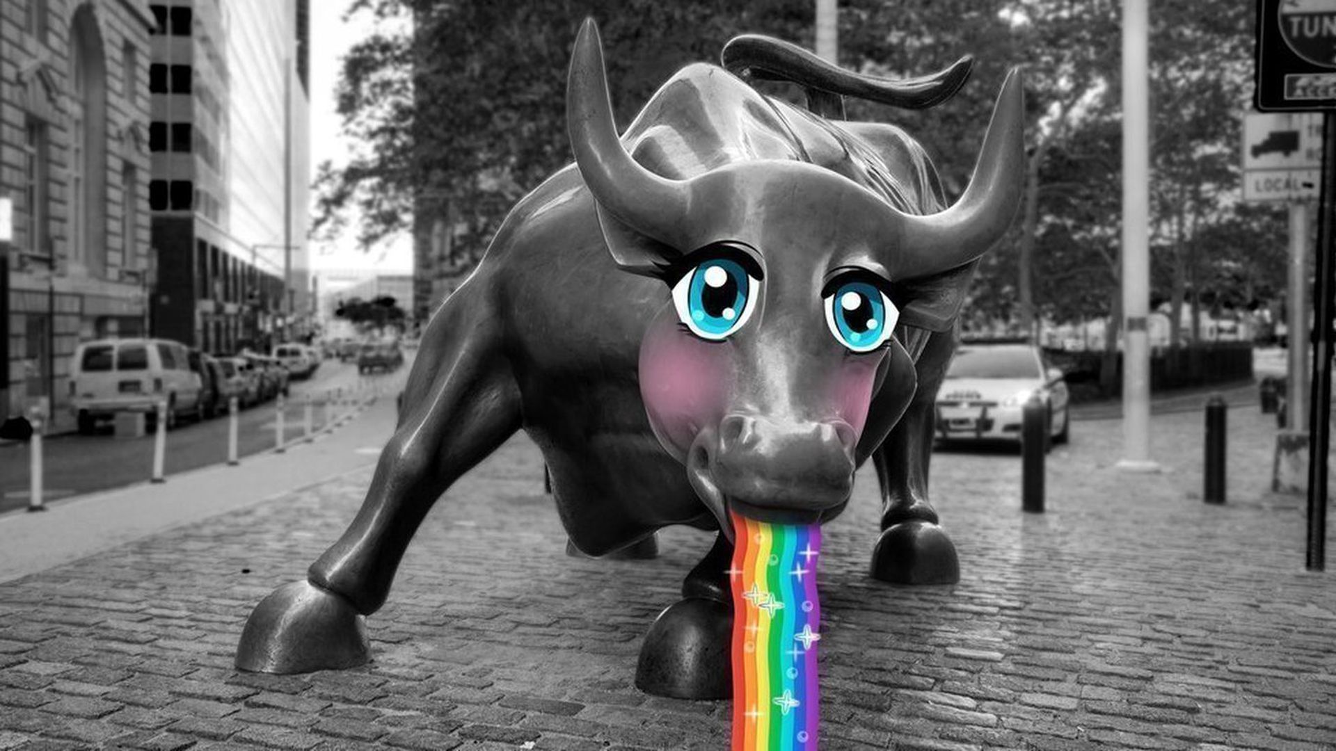 Photo illustration of the Wall St. bull statue with cartoon eyes and barfing a rainbow.