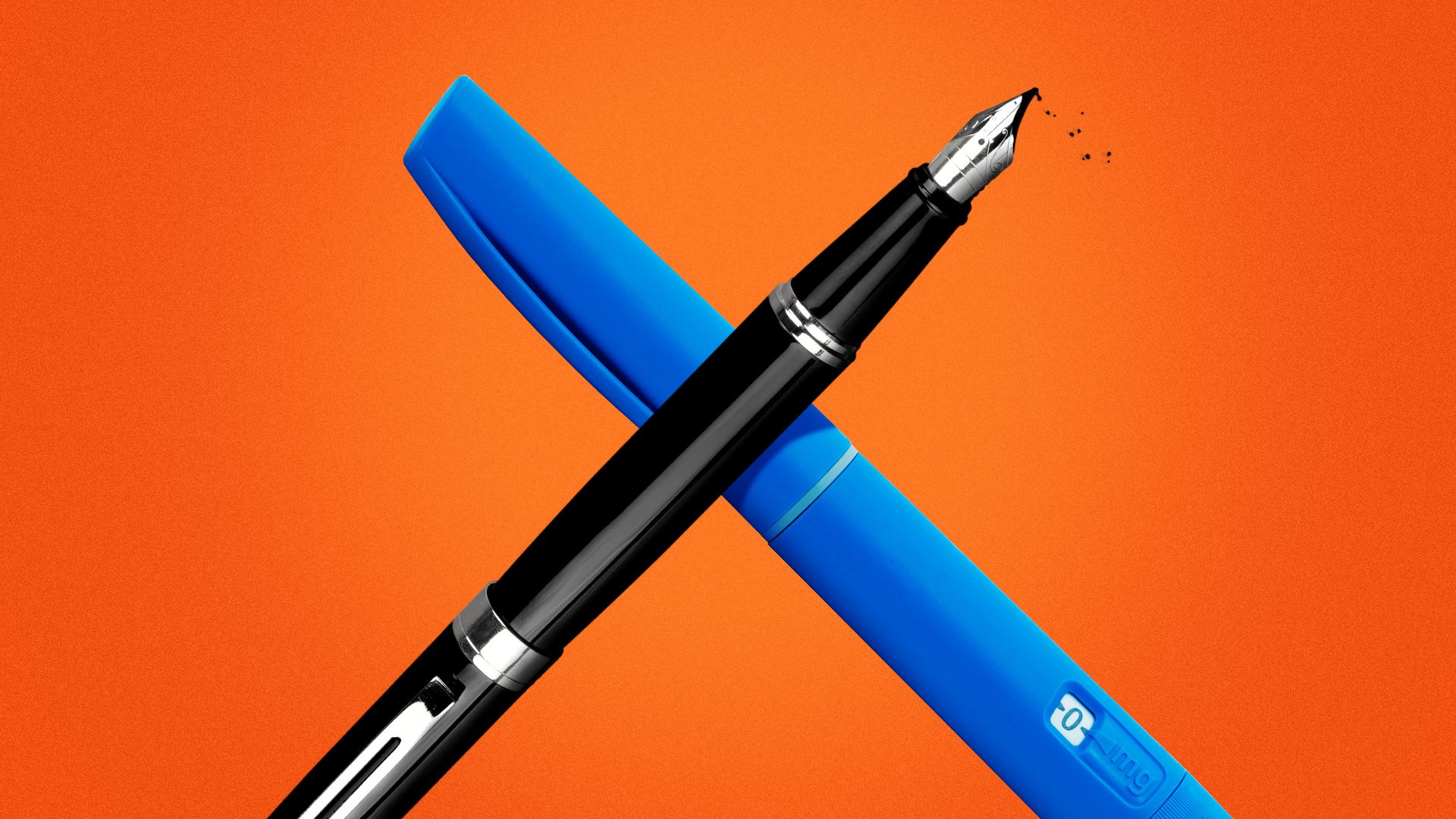 Illustration of a fountain pen and a Semaglutide injector crossed as if in battle. 