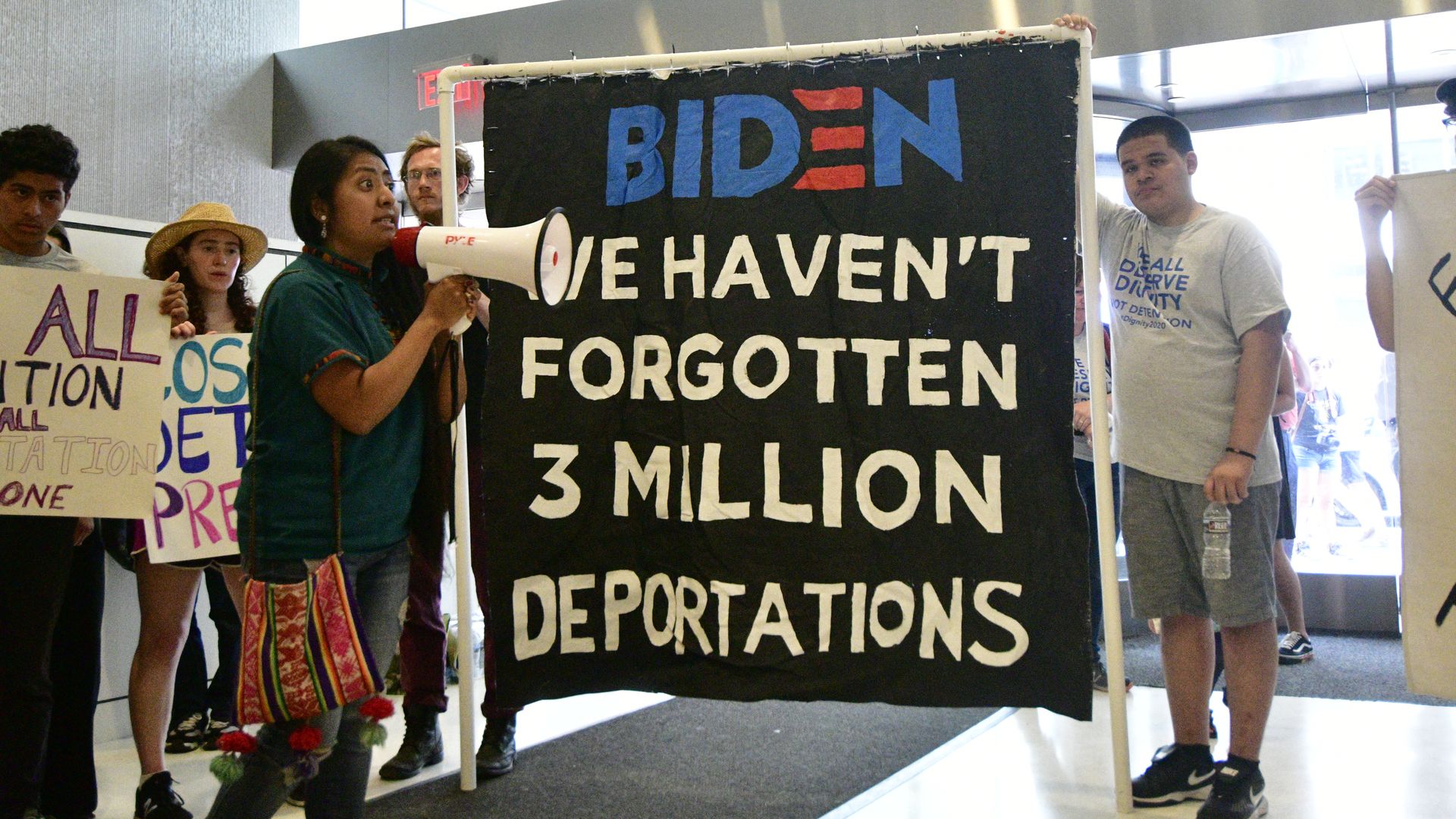 Fifty immigrants, joined by community activist occupy the lobby of whats believed to house the office of 2020 US Presidential hopeful Joe Biden.