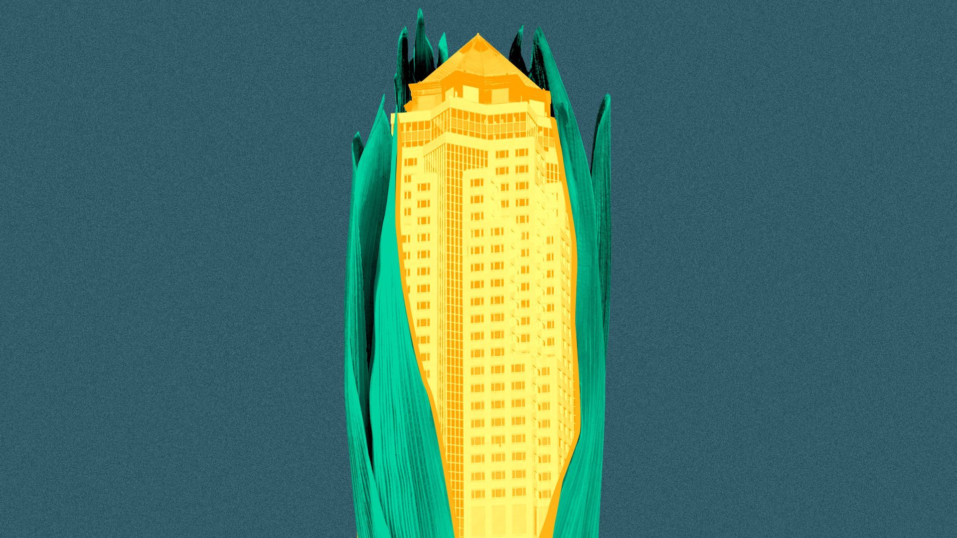 Illustration of the skyscraper 801 Grand, in Des Moines, tinted gold and surrounded by corn husks.
