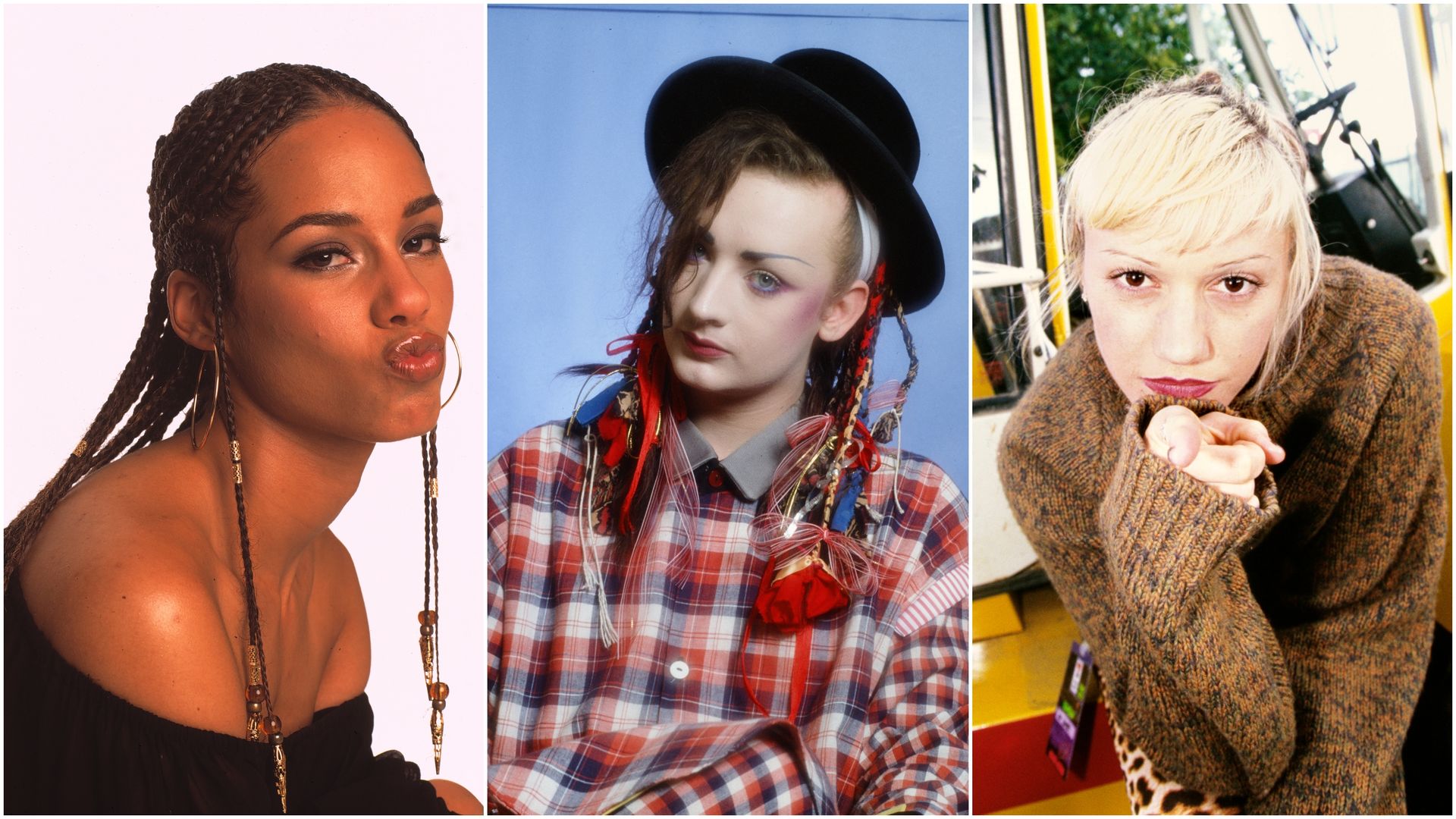 Three portraits: left, woman with long braided hair and gold hoop earrings blows a kiss; center, person with pale skin, red and blue ribbons in hair, black hat and plaid shirt; right, woman with short blonde hair, oversized brown sweater, pointing toward camera.