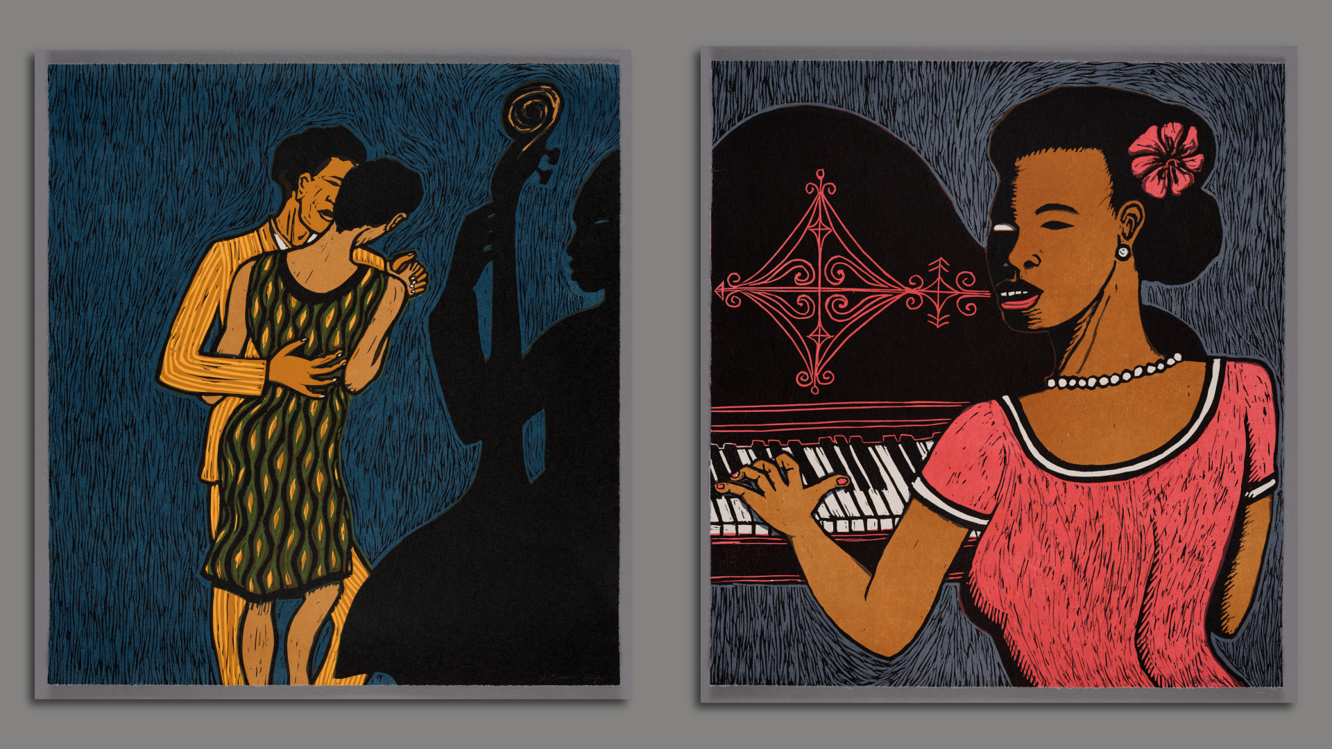 An image depicting two paintings, side by side. The one of the left shows a couple slow dancing, the one of the right shows a person with a pink dress playing a piano.