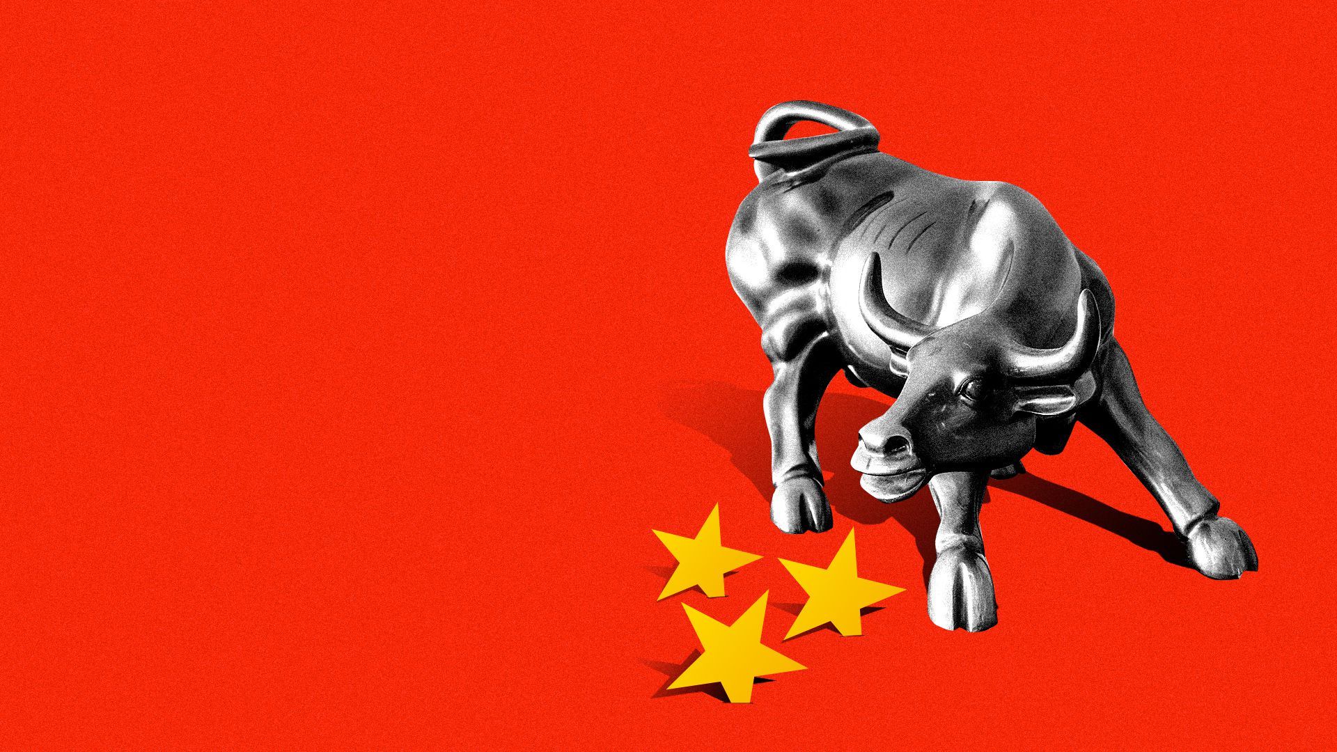 Illustration of the Wall Street bull with Chinese stars lodged into the ground near its hooves. 
