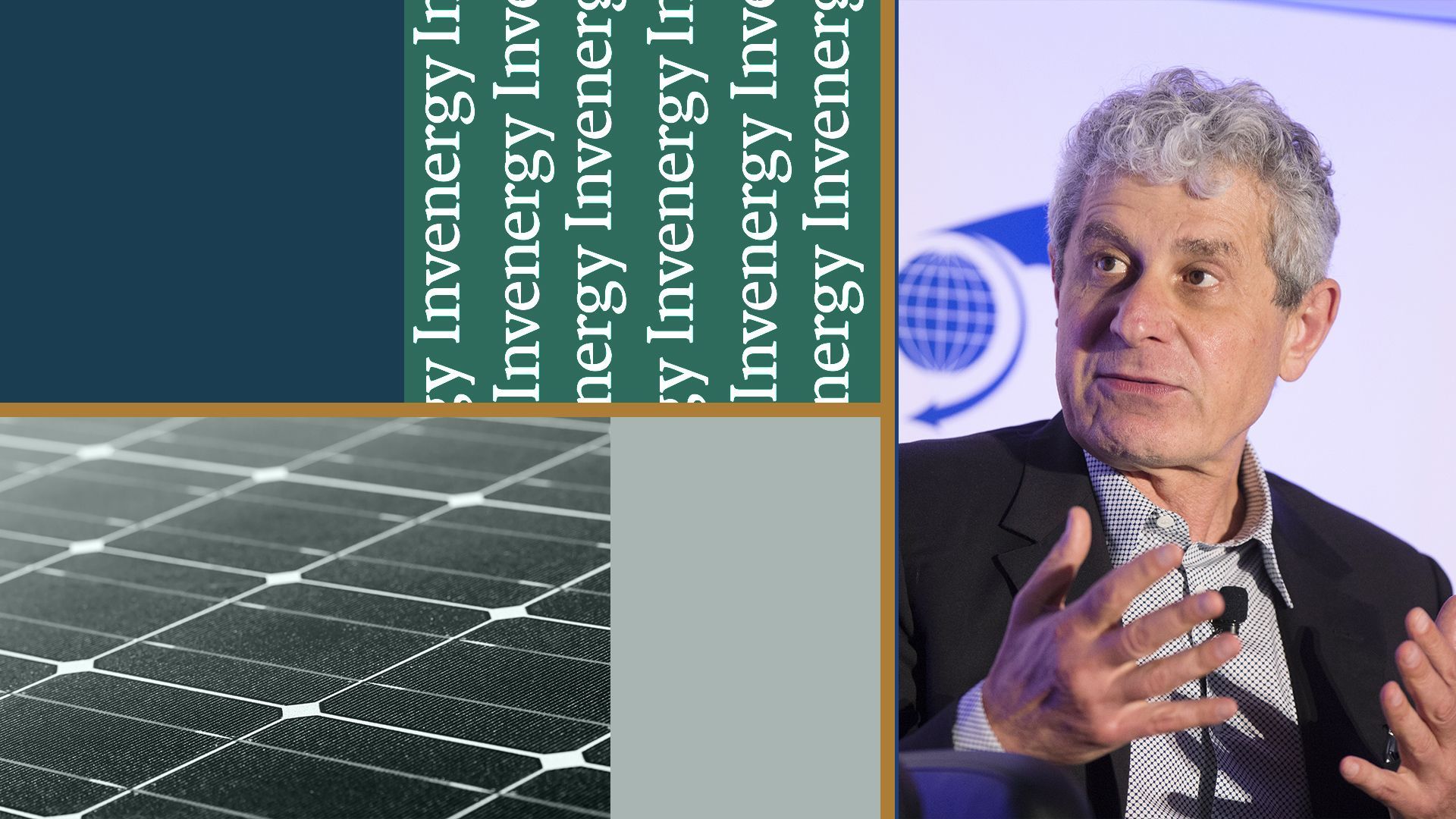 Photo illustration of Michael Polsky, abstract shapes, and the Invenergy logo. 