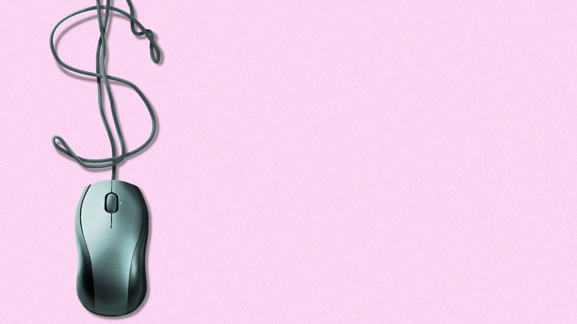 Illustration of a computer mouse with a knotted cord shaped like a dollar sign