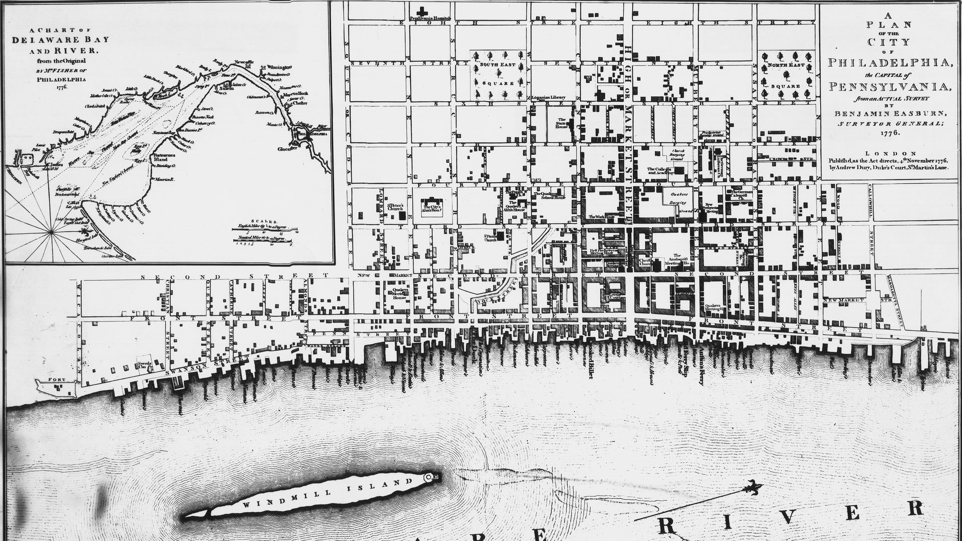 Historical black-and-white map titled "A Plan of the City of Philadelphia" (1776) showing Philadelphia along the Delaware River with numerous piers, Windmill Island offshore, and an inset of Delaware Bay.