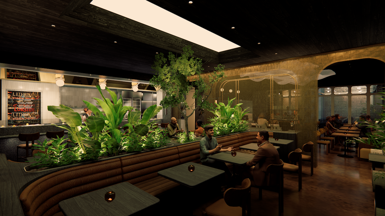 Modern dimly lit restaurant interior with green plants as a centerpiece, brown seating, wooden tables, and people dining and chatting under a large skylight and black ceiling.