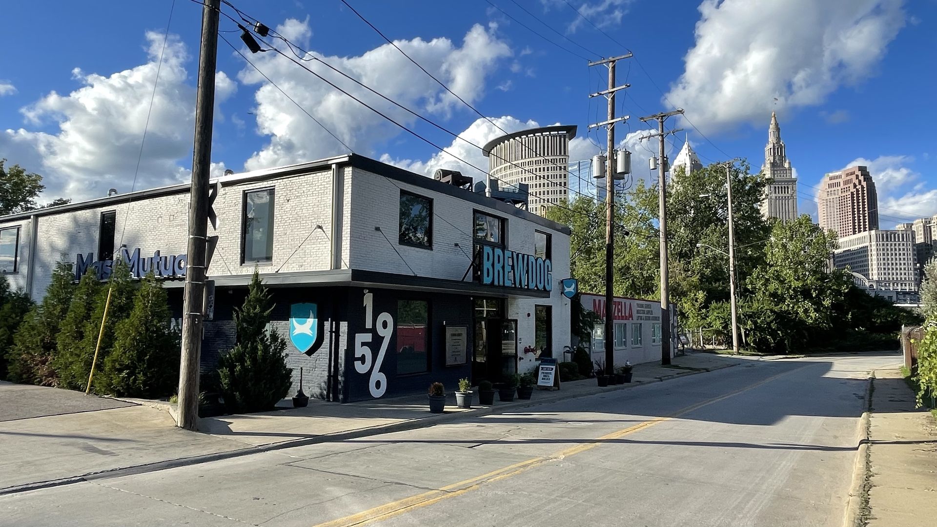 Urban street scene with a white building labeled "BREWDOG" and the numbers 1956 on the corner, green trees, utility poles, and tall city buildings in the background under a blue sky with clouds.