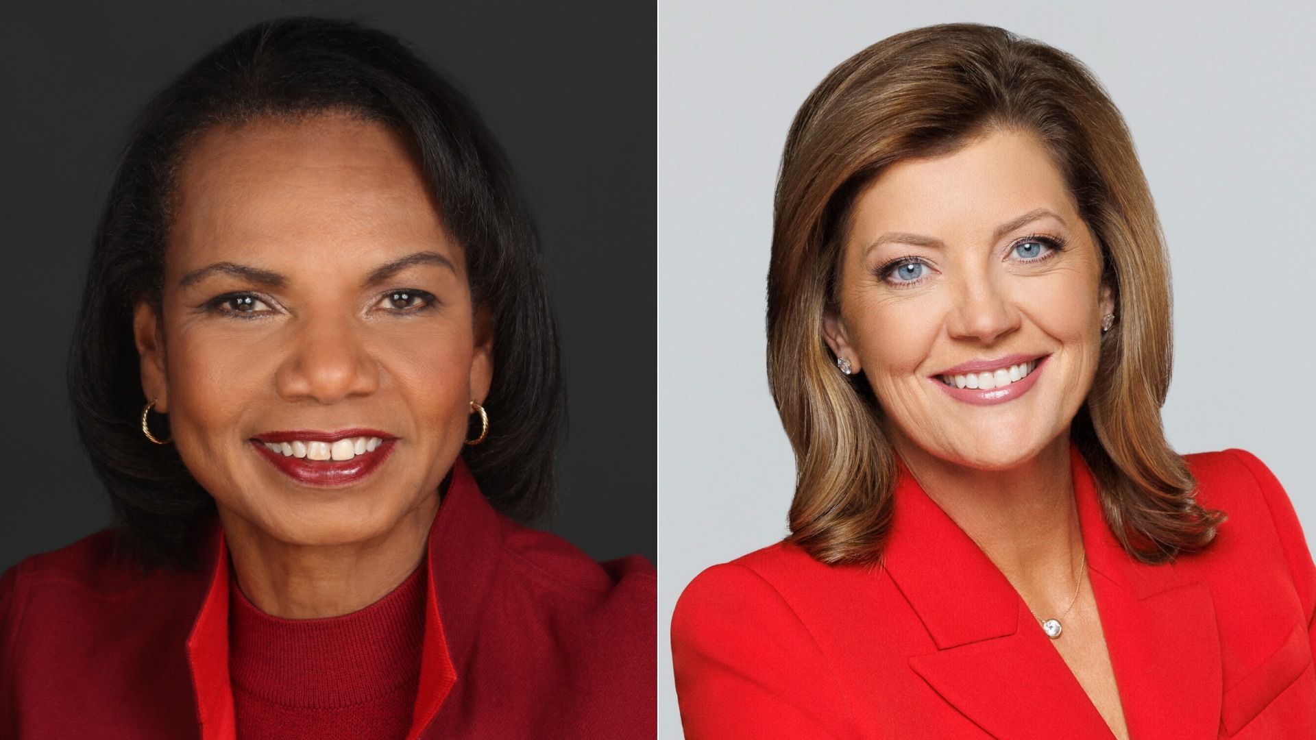 Two side-by-side headshots: left, a dark-haired woman in a red blazer against a dark backdrop; right, a blonde woman in a red blazer with a light backdrop, smiling.