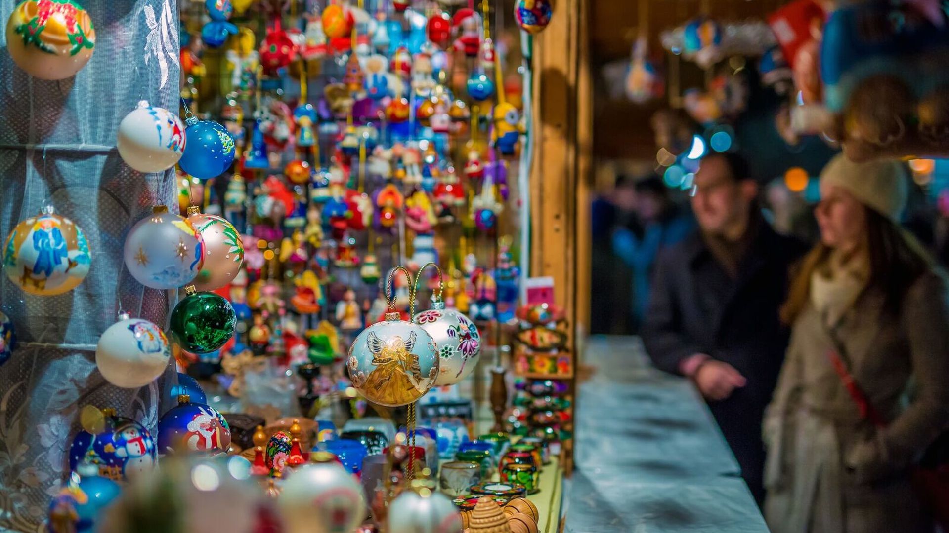 Ornaments hanging at a Philadelphia holiday market