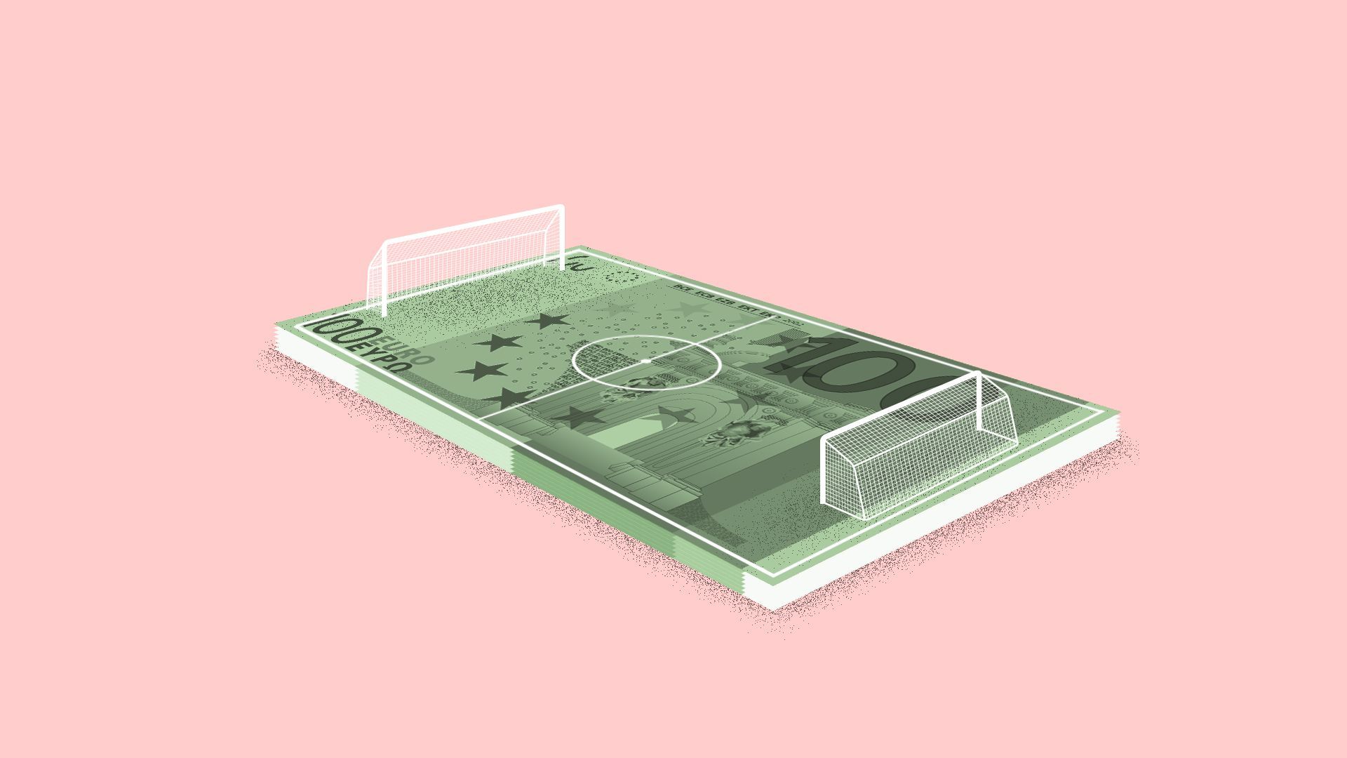 Illustration of a soccer pitch on top of a 100 Euro note.