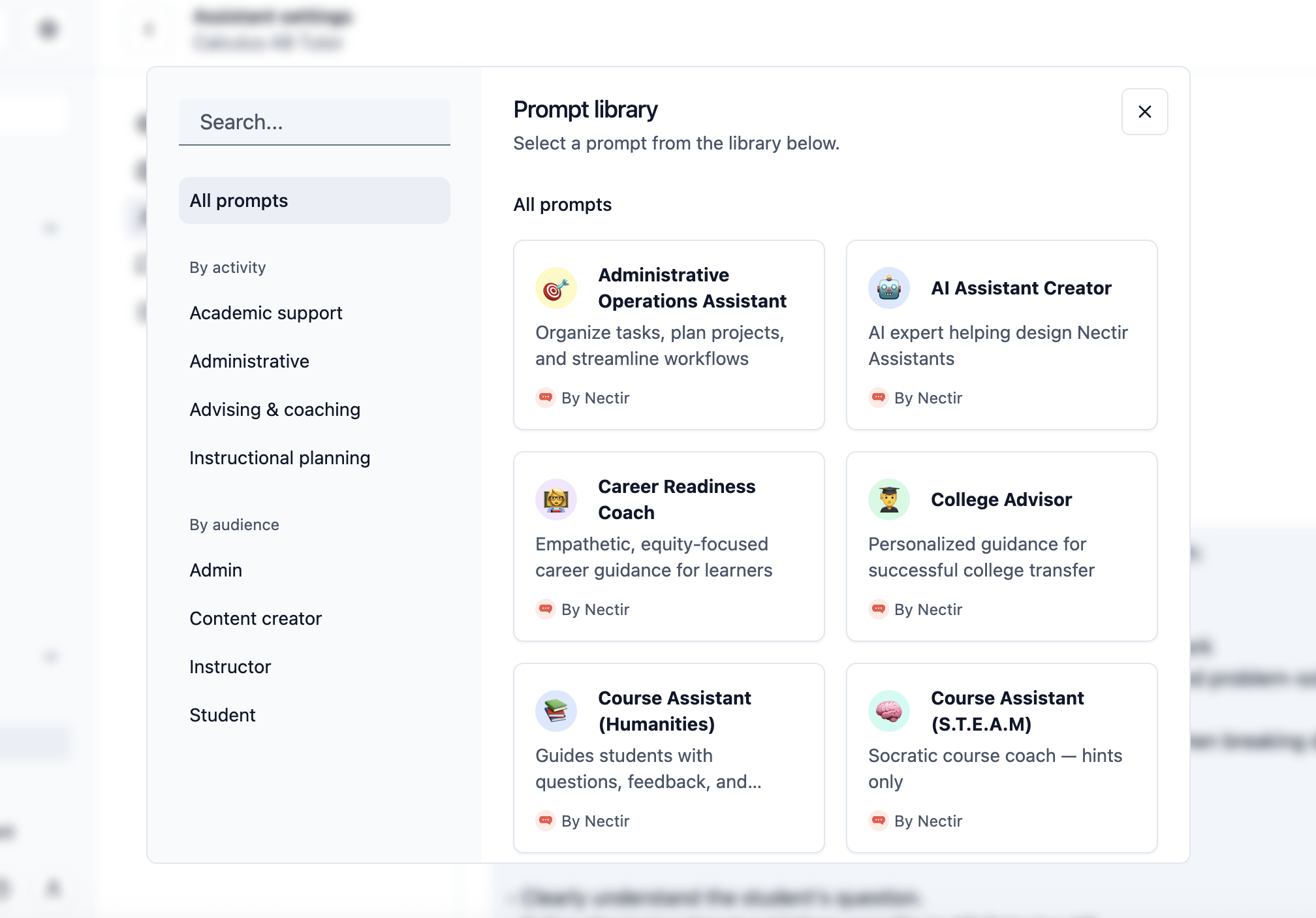 Screenshot of a prompt library interface with categories like Academic support and Administrative. Prompts include Administrative Operations Assistant, AI Assistant Creator, Career Readiness Coach, and more.