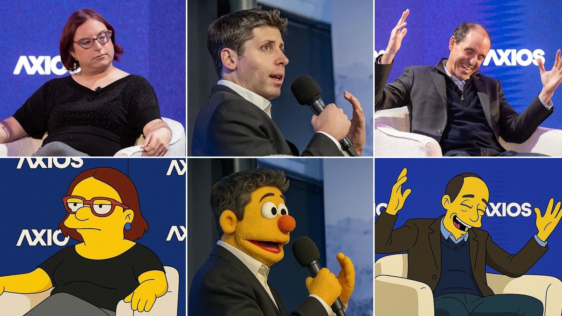 Ina Fried, Sam Altman and Chris Lehane. Bottom-row AI-generated images of the top row.