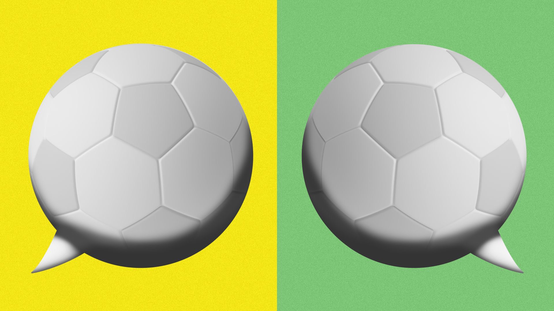 Illustration of 2 soccer balls appearing side by side as dialogue bubbles.
