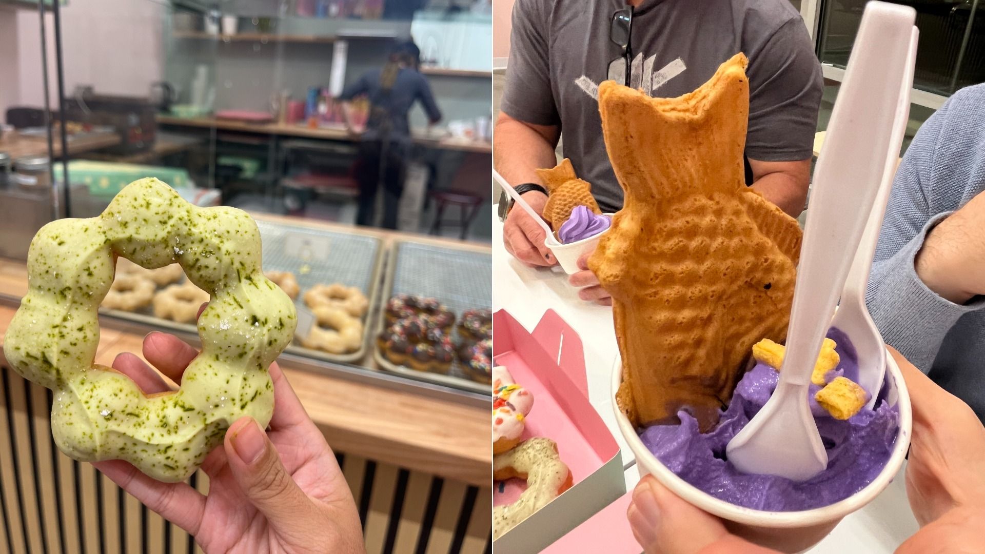 Left: Hand holding a green tea glazed donut with a unique ring shape in a shop. Right: A cup of purple ube ice cream topped with a large fish-shaped waffle and cereal pieces, held at a table.