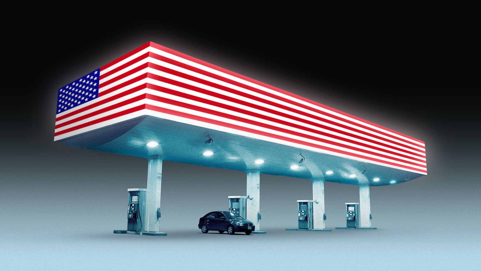 Illustration of a gas station with a roof resembling the US flag